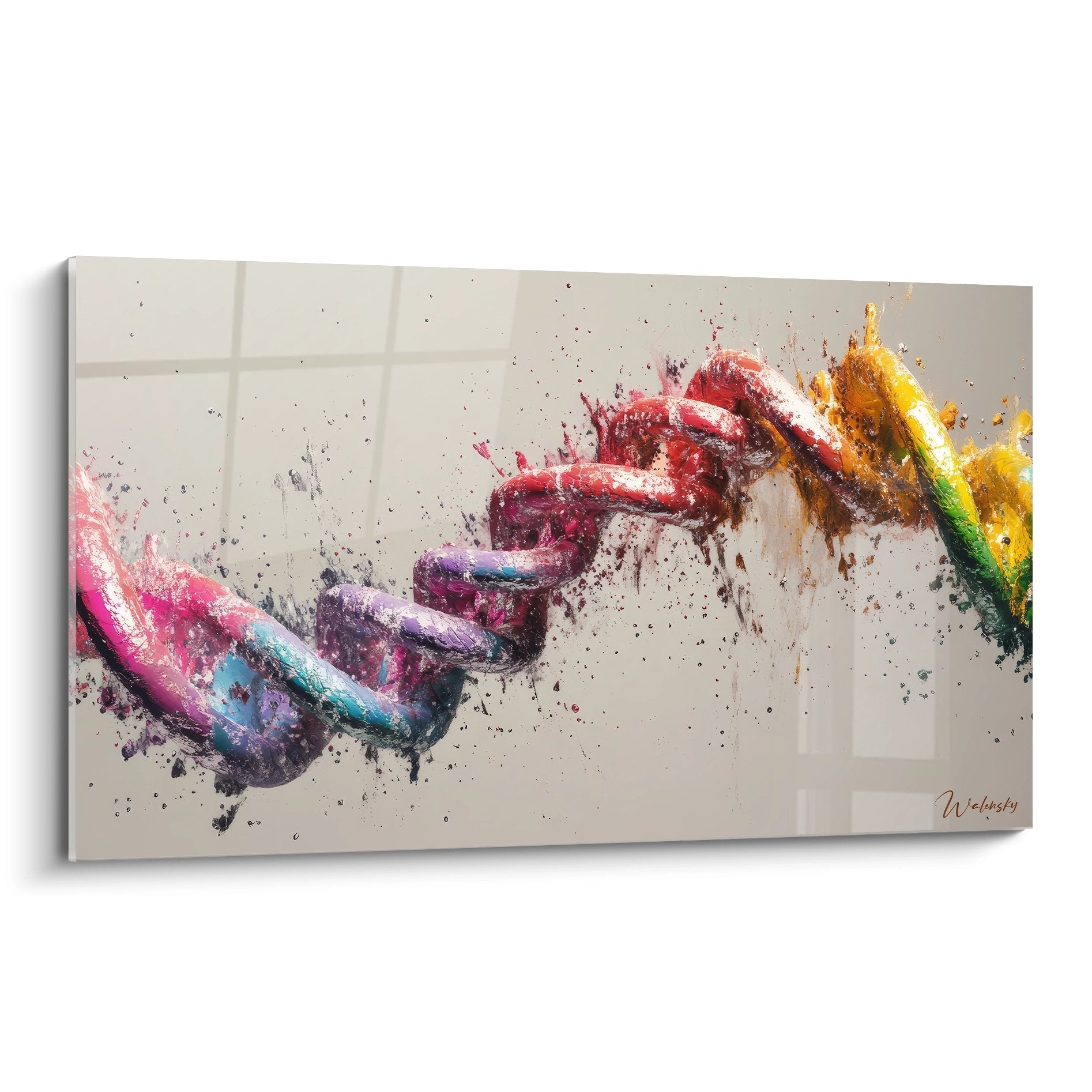 Tableau mural hélice ADN abstraite aux couleurs vives rouge violet jaune sur fond beige