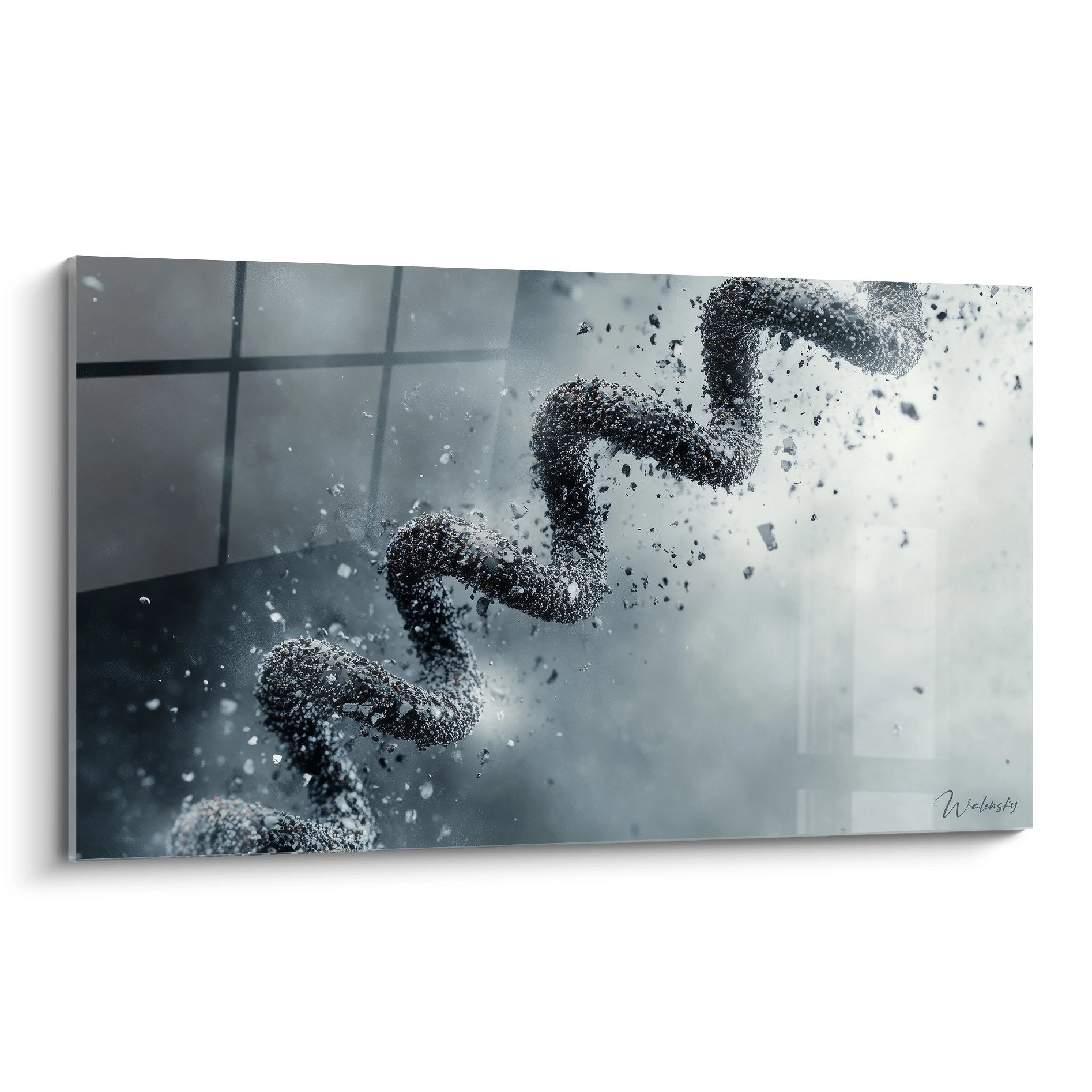 Tableau mural représentant une hélice ADN en désintégration avec particules dispersées en noir et blanc