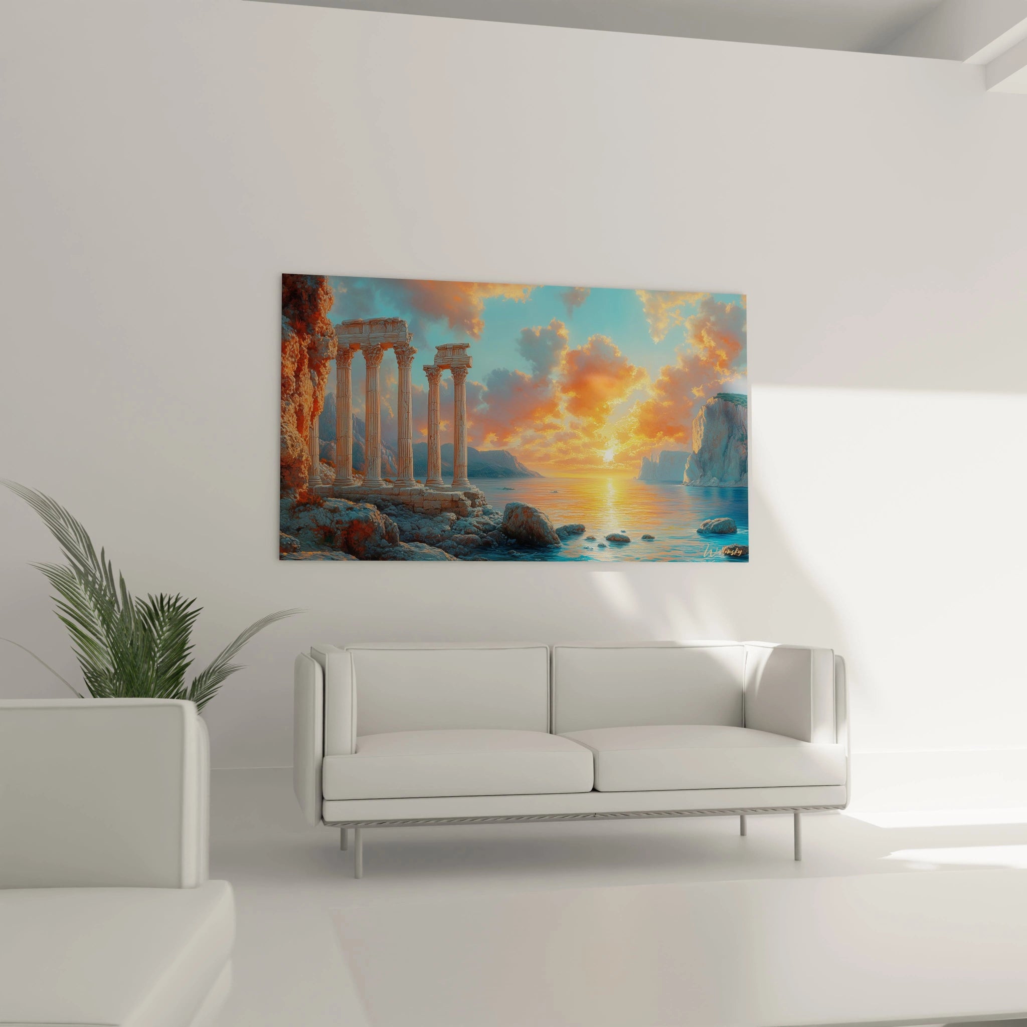 Tableau ruines antiques avec vestiges temple grec aux colonnes blanches, paysage côtier méditerranéen, lumière solaire orange illuminant pierres anciennes, mer bleue, falaises rocheuses texturées.