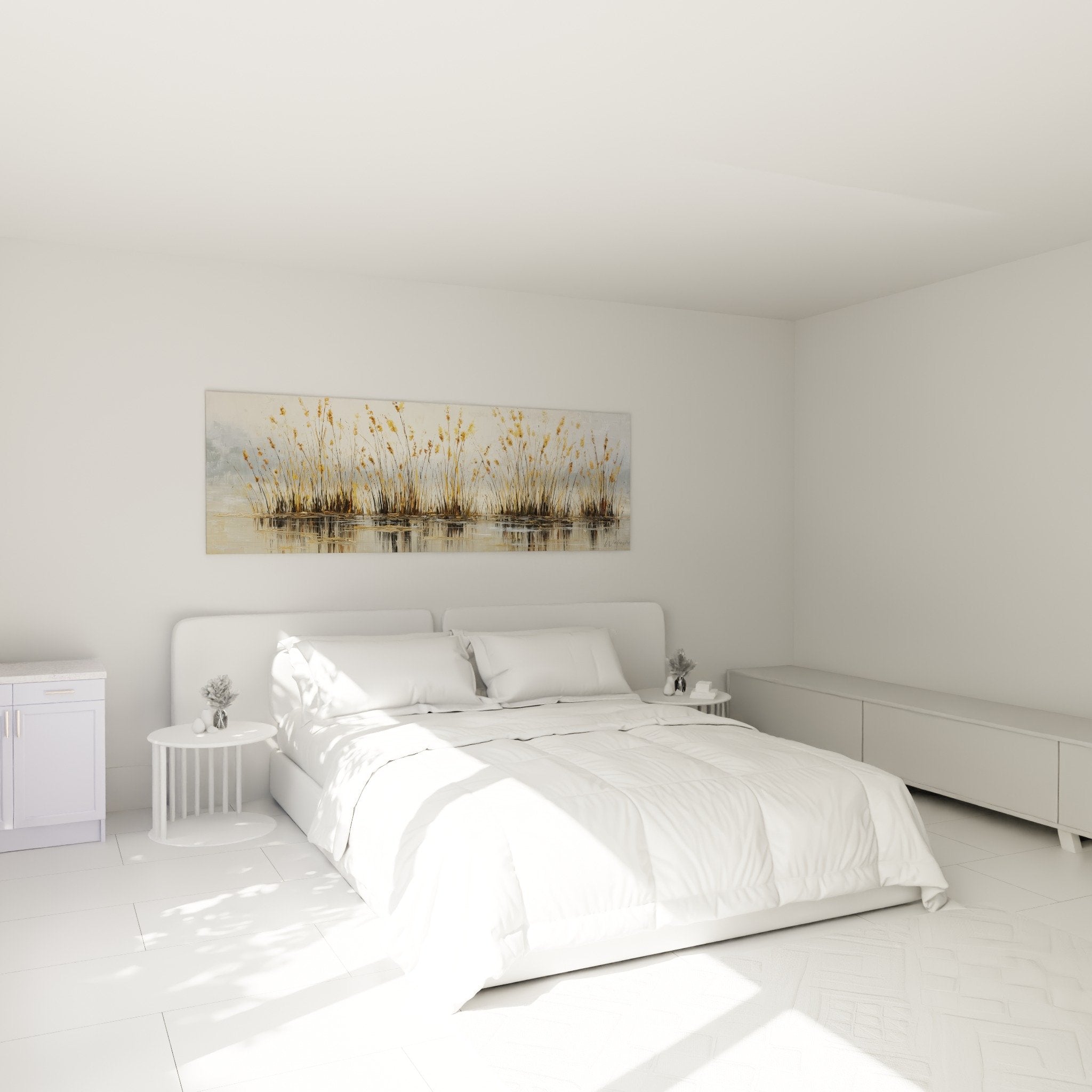 Tableau graminées dorées reflets eau installé au-dessus lit chambre, décoration murale nature beige et ocre
