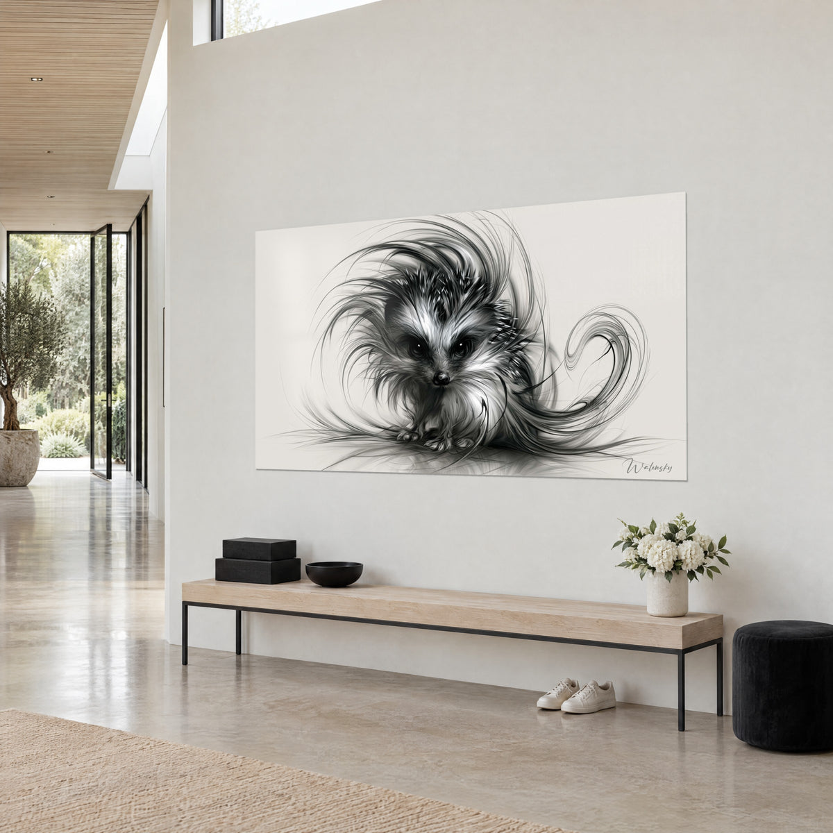 Wall art small charcoal porcupine, white and black quills, long bristle curl to the right, beige wall, light wood bench
