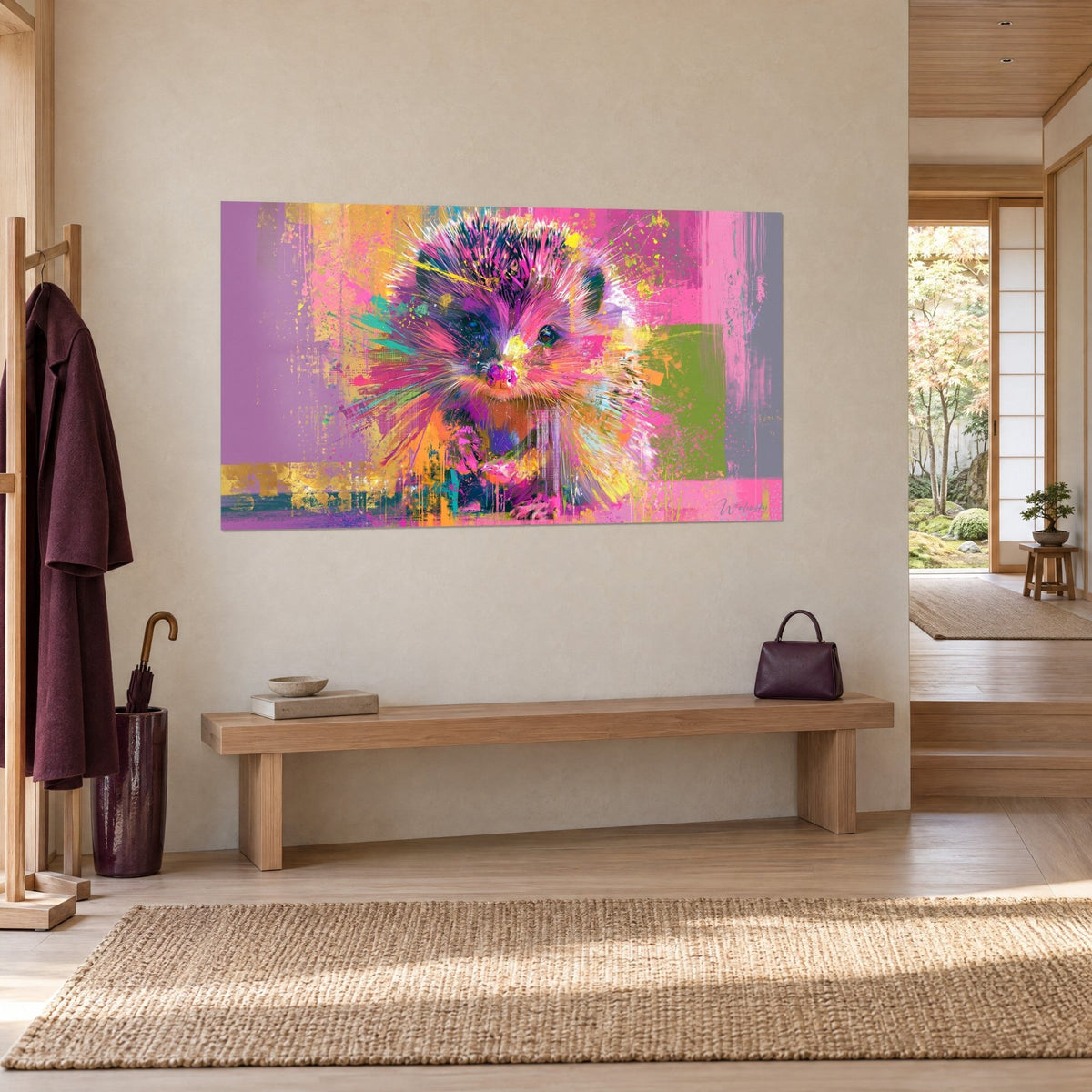 Gemälde Porträt eines Igels mit rosa und orangefarbenen Stachelspitzen, fuchsiafarbene Schnauze, mauvefarbener und olivgrüner Hintergrund, Holzbank und pflaumenfarbener Mantel
