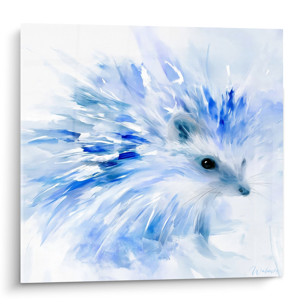 Hérisson bleu marine et blanc aux piquants éclatés façon aquarelle, museau détaillé et regard noir perçant