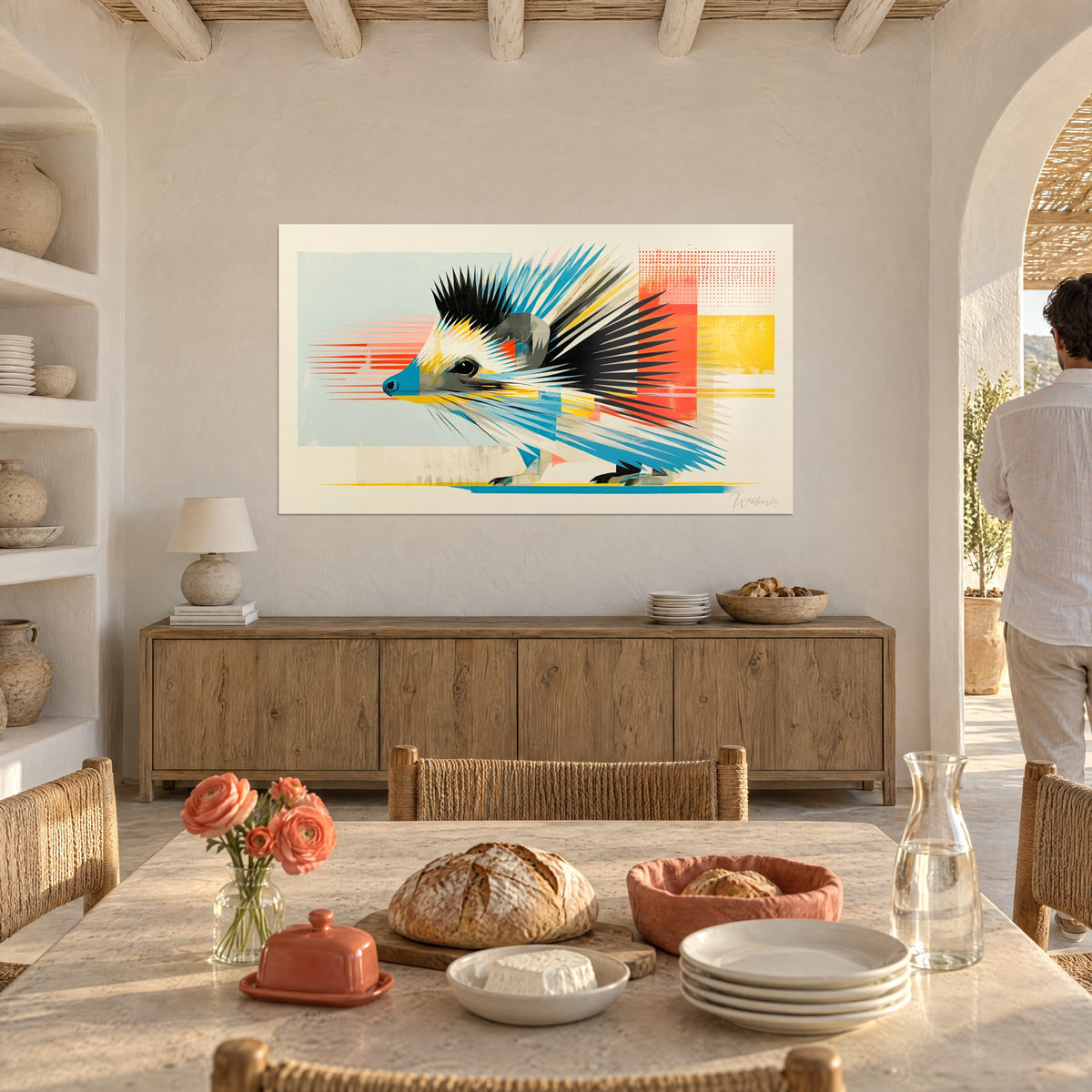 Tableau bête épineuse en pleine course, trames de points rouges et rectangle jaune moutarde, au-dessus d'un buffet en bois blond