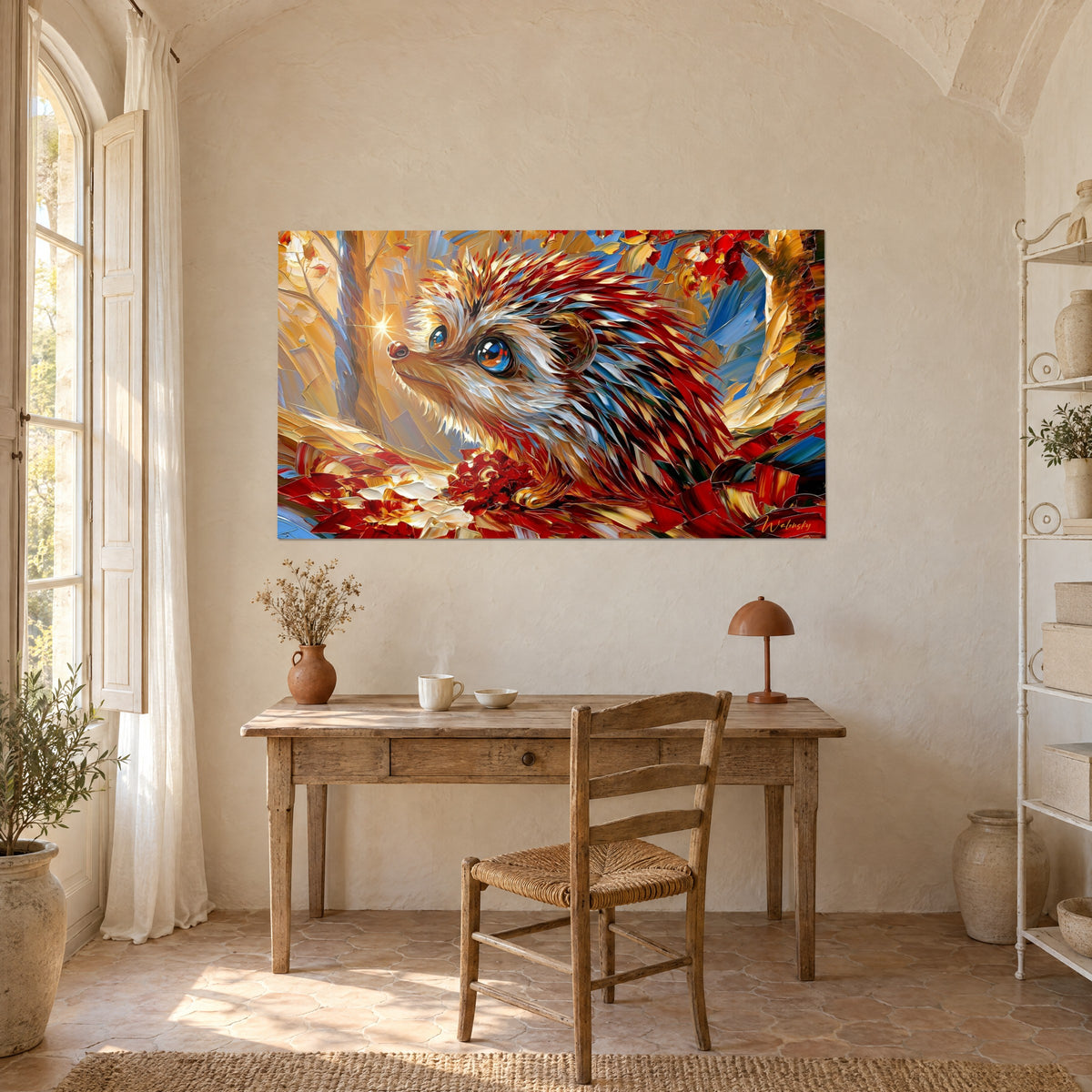 Quadro riccio di profilo con spine carminio e oro, sfondo azzurro cielo, appeso sopra una scrivania in legno chiaro, masseria provenzale