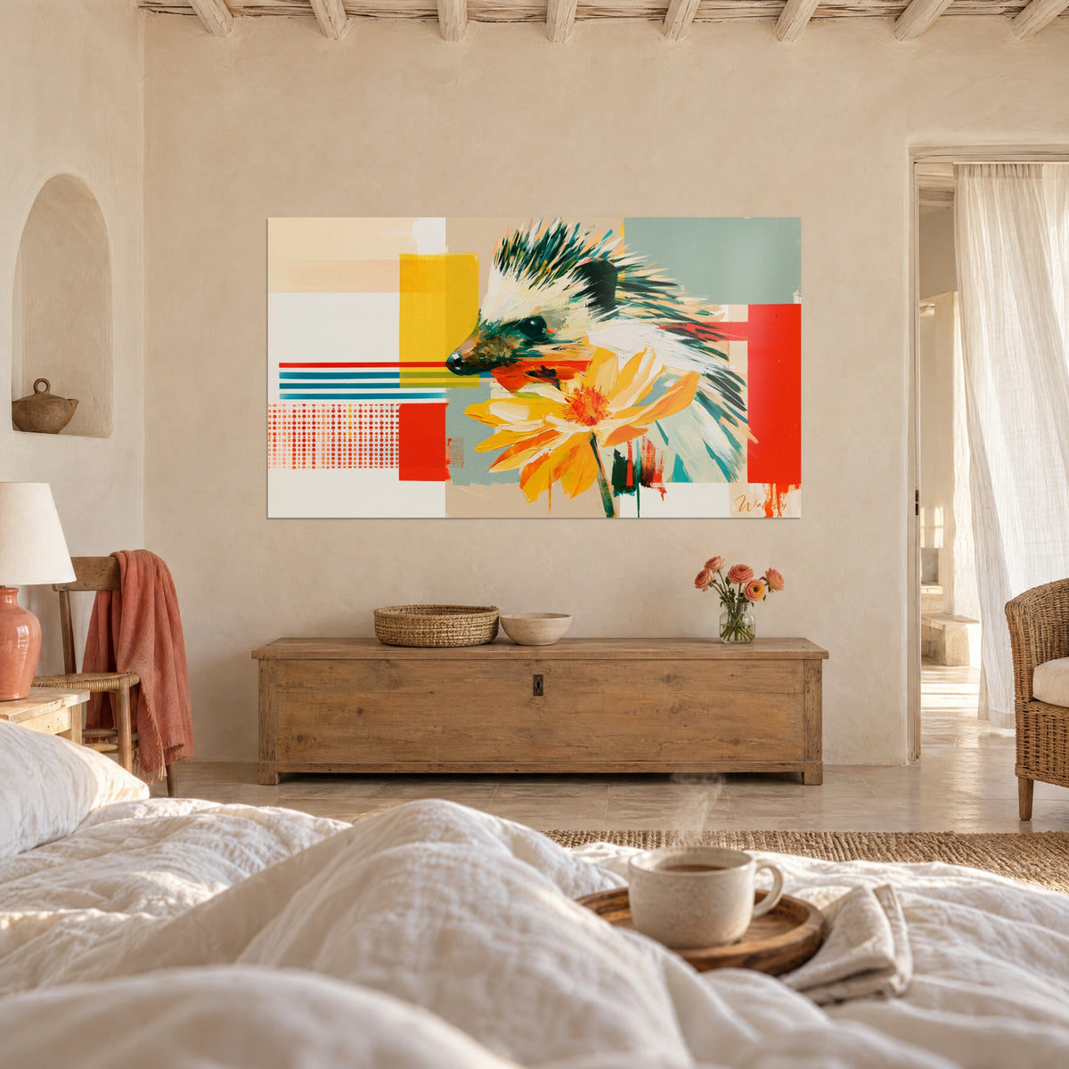 Wall art small spiny mammal and golden flower corolla, red and blue-grey color blocks, above a bed in a bright bedroom