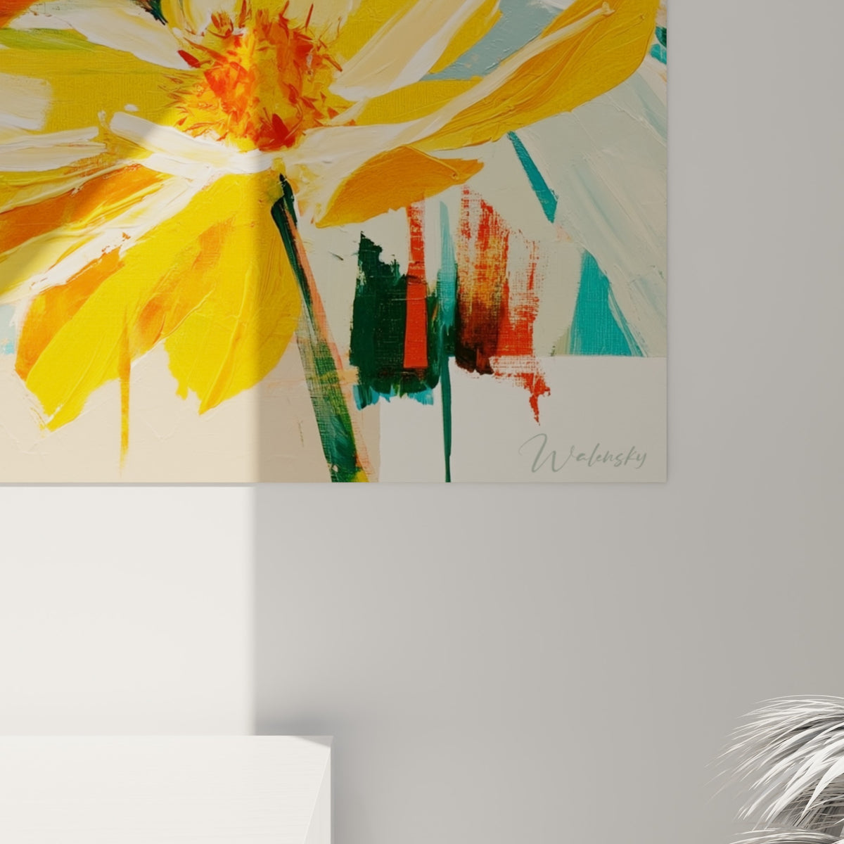 Empâtements colorés en jaune moutarde et rouge vif visibles sur les piquants et pétales de ce tableau hérisson