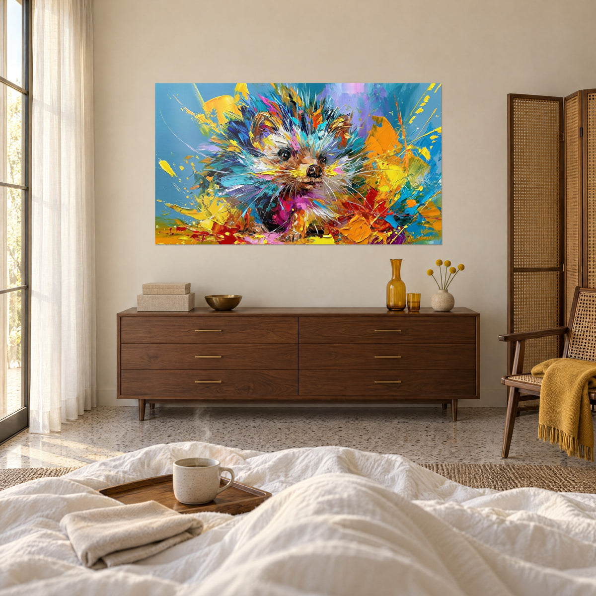 Tableau petit hérisson aux épines multicolores, éclaboussures orange et bleues, au-dessus d'un lit dans une chambre claire
