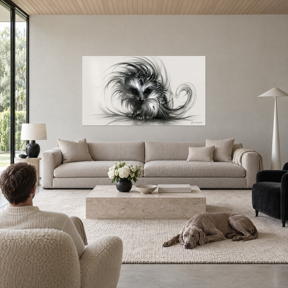 Wall art tousled hedgehog with black eyes and swirling grey tufts, cream background, above a sofa in a bright living room