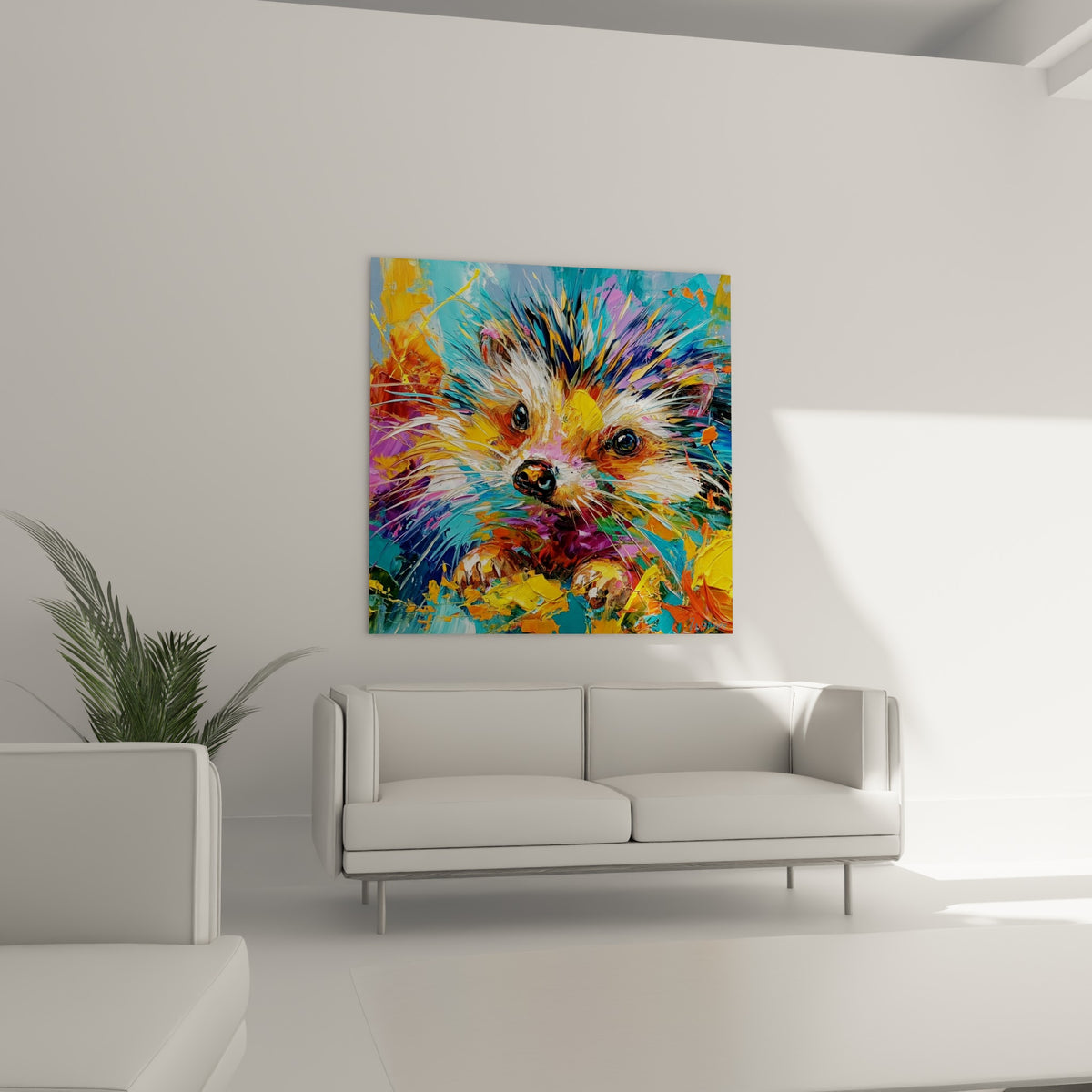 Regard perçant du hérisson turquoise et fauve au-dessus d'un canapé dans un salon lumineux