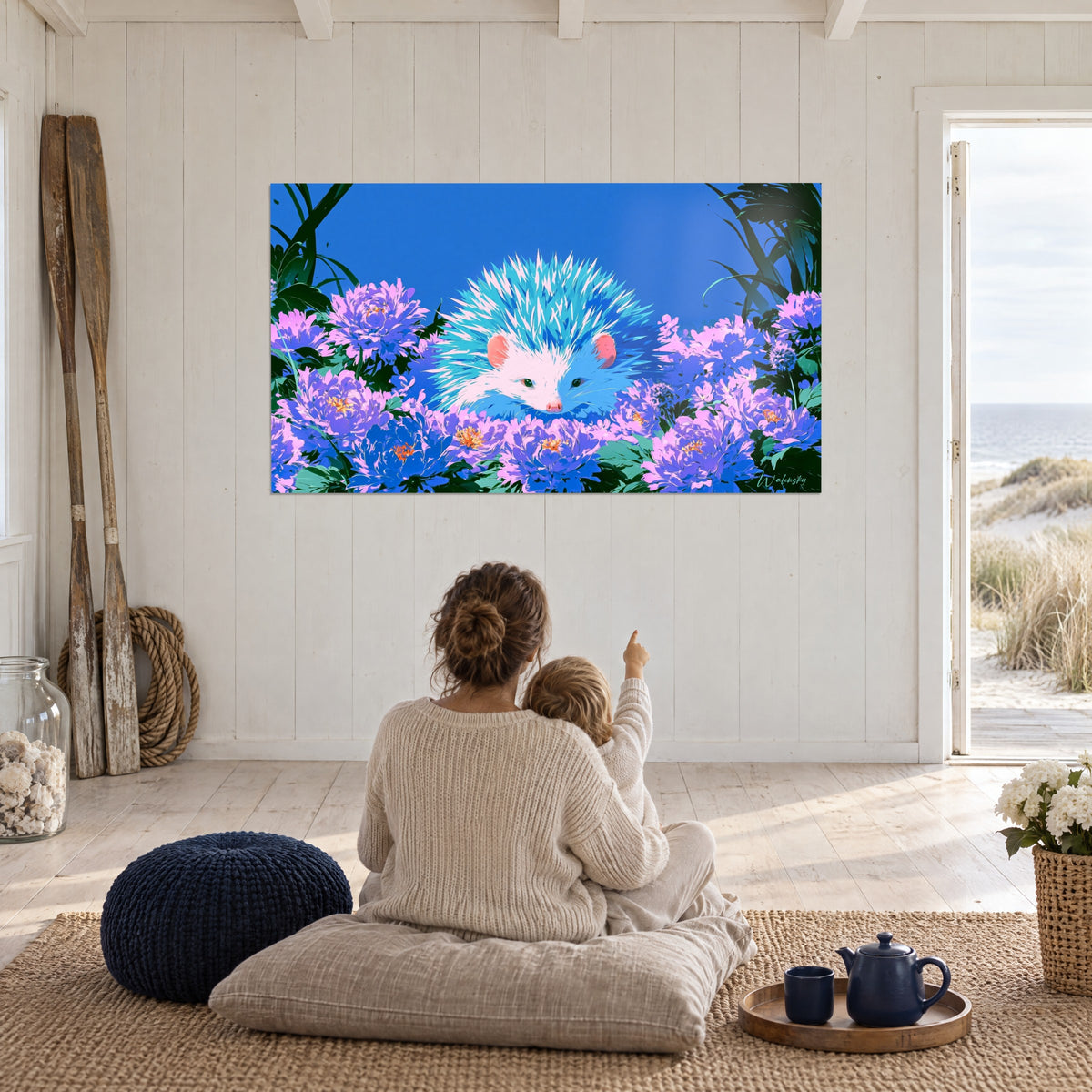 Wall art albino hedgehog with blue spines among mauve flowers, dark green foliage, bright living room near the dunes