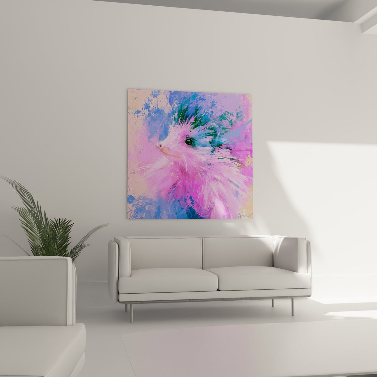 Silhouette hérissée rose fuchsia et bleu pastel d'un hérisson au-dessus d'un canapé dans un salon lumineux