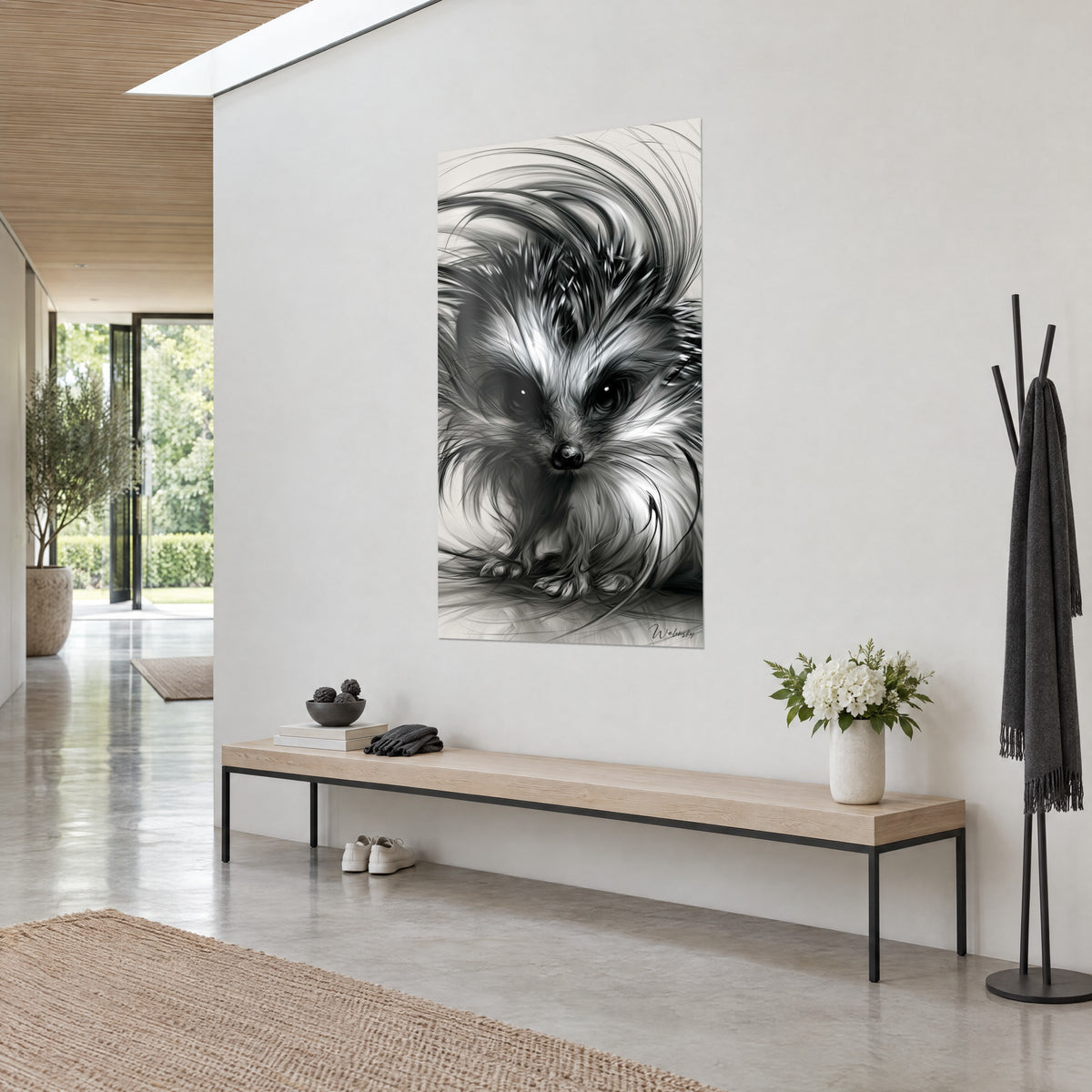 Quadro ritratto di riccio con aculei grigio argento e nero inchiostro, appeso sopra una panca di legno, ingresso luminoso