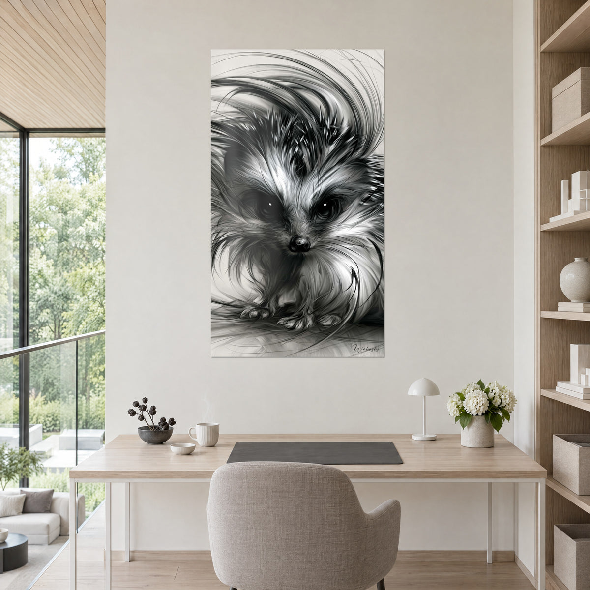 Quadro animale irsuto dallo sguardo frontale, lunghe ciocche nere ricurve su fondo crema, parete beige sopra una scrivania chiara e una mensola