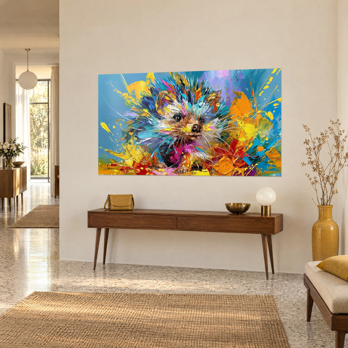Tableau hérisson piquant aux touches d'orange et de rose, museau brun, vu de trois quarts, accroché sur un mur beige au-dessus d'une console en bois