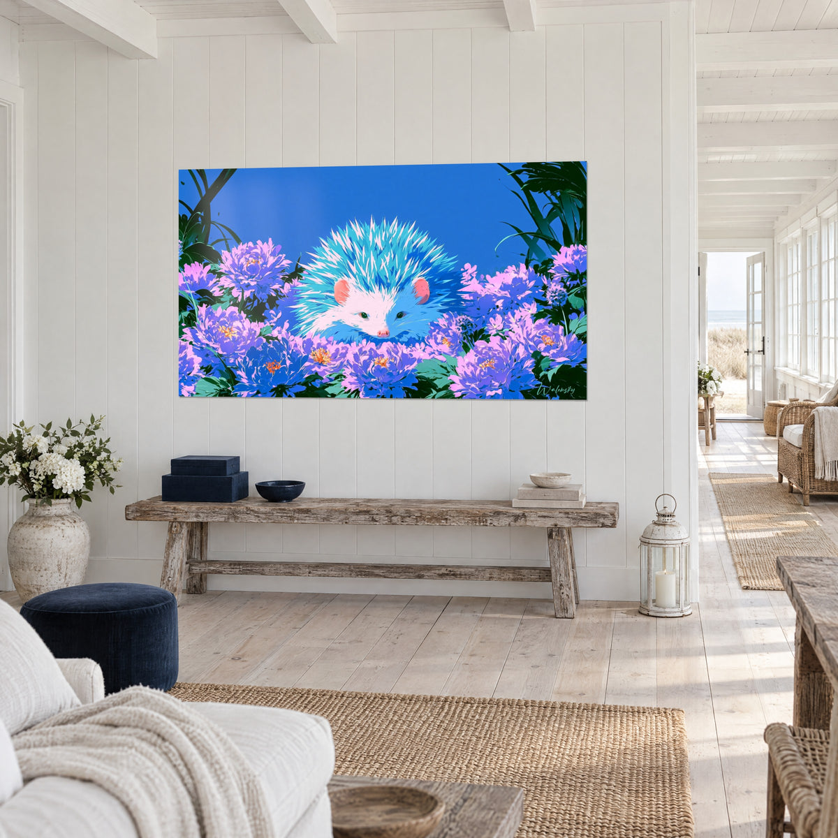 Wall art small animal with cyan spines and pink snout among purple flowers, on white wall, seaside home