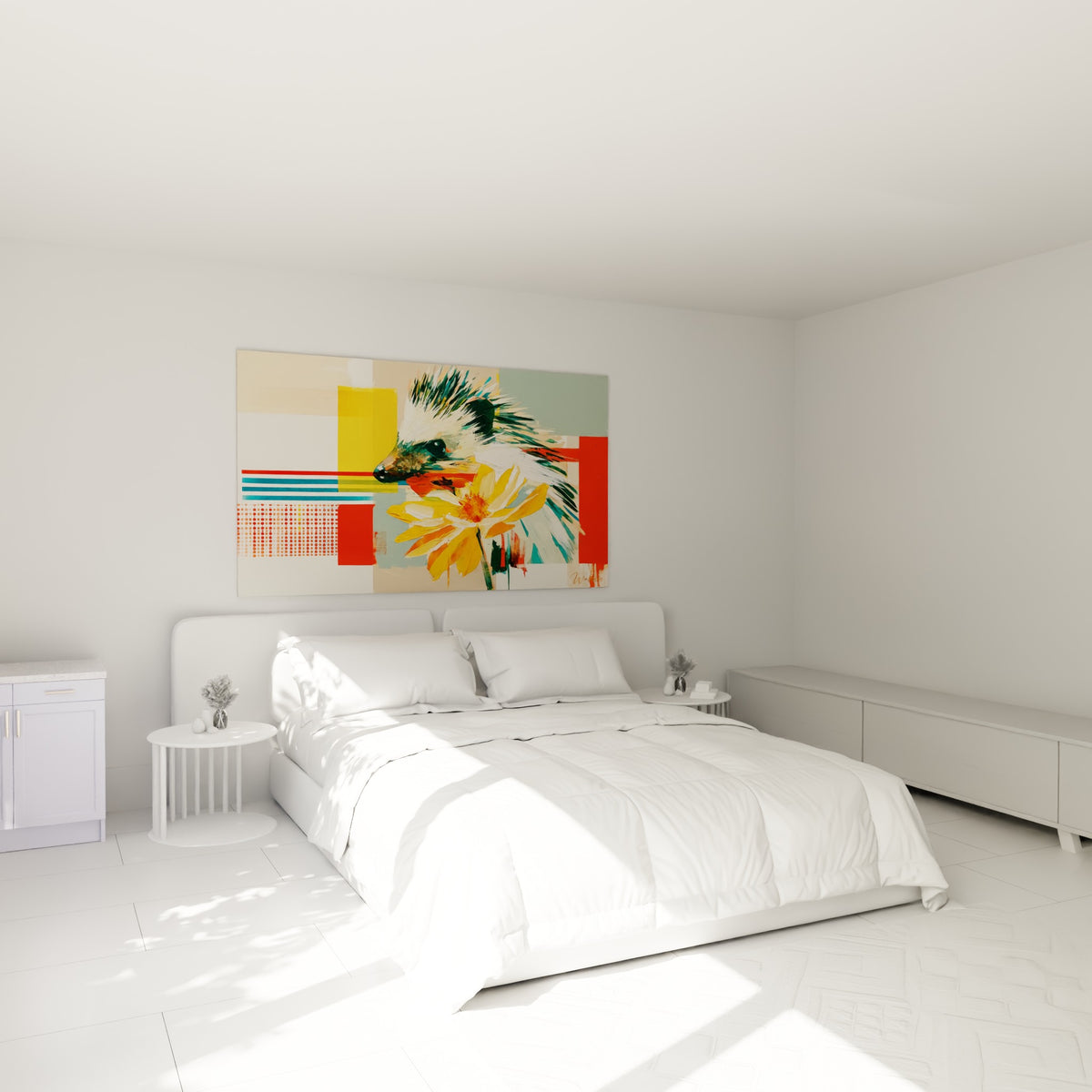 Museau du hérisson effleurant une fleur jaune safran, au-dessus d'un lit dans une chambre claire
