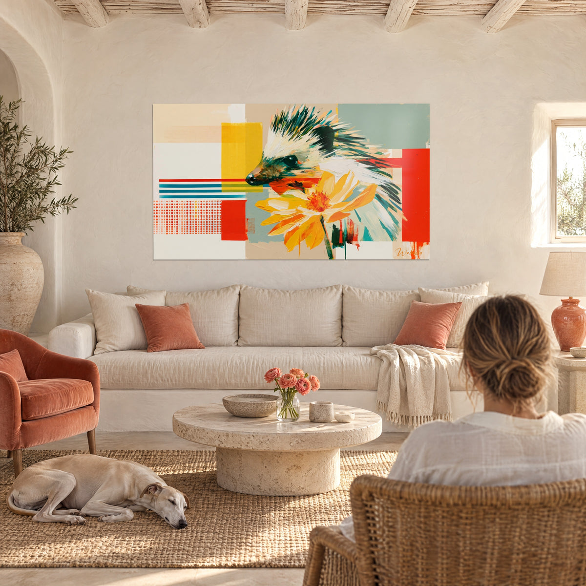 Wall art hedgehog with green and cream quills beside a yellow flower, above a sofa in a bright living room