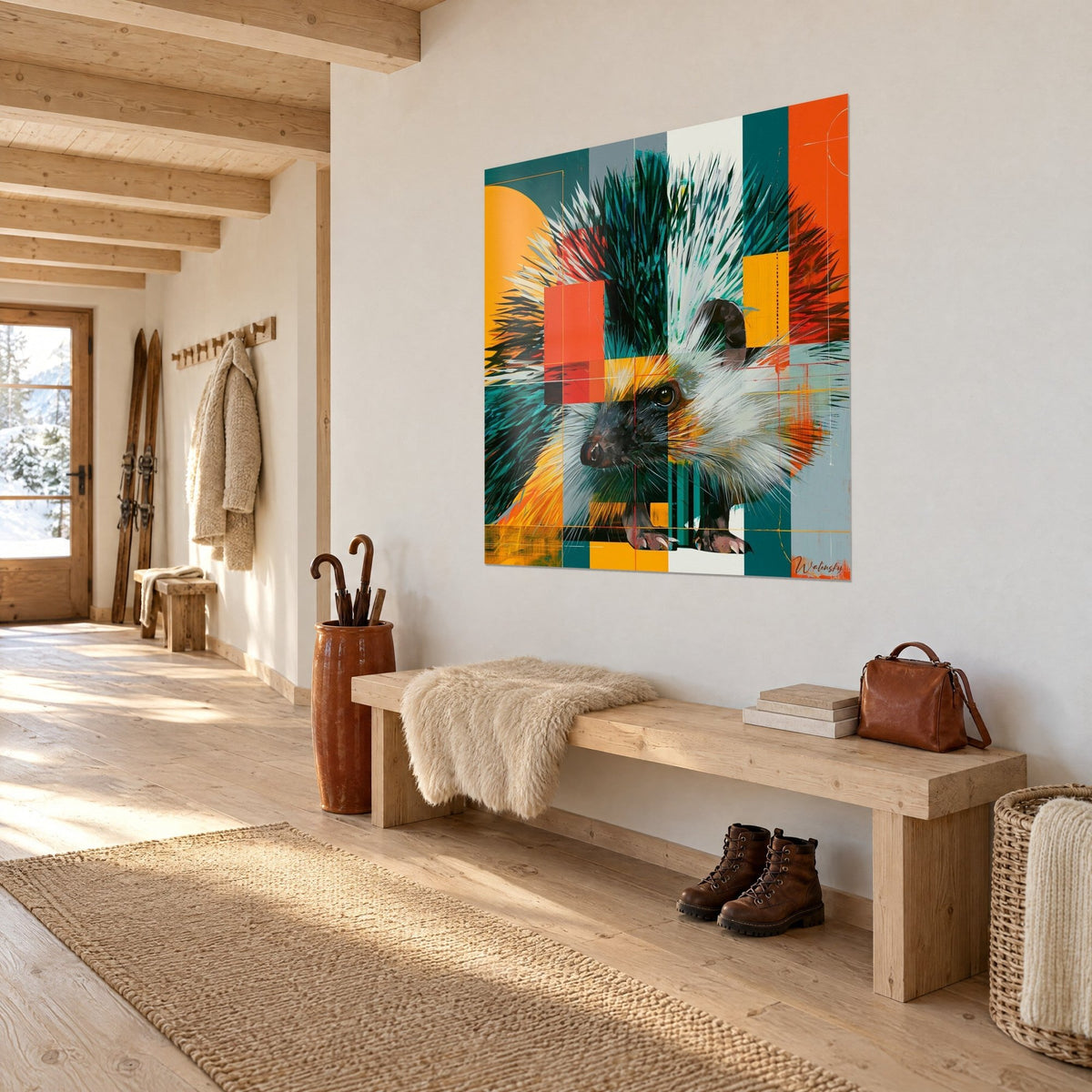 Tableau animal hérissé en aplats géométriques orange et sarcelle, soleil jaune à gauche, accroché dans l'entrée d'un chalet