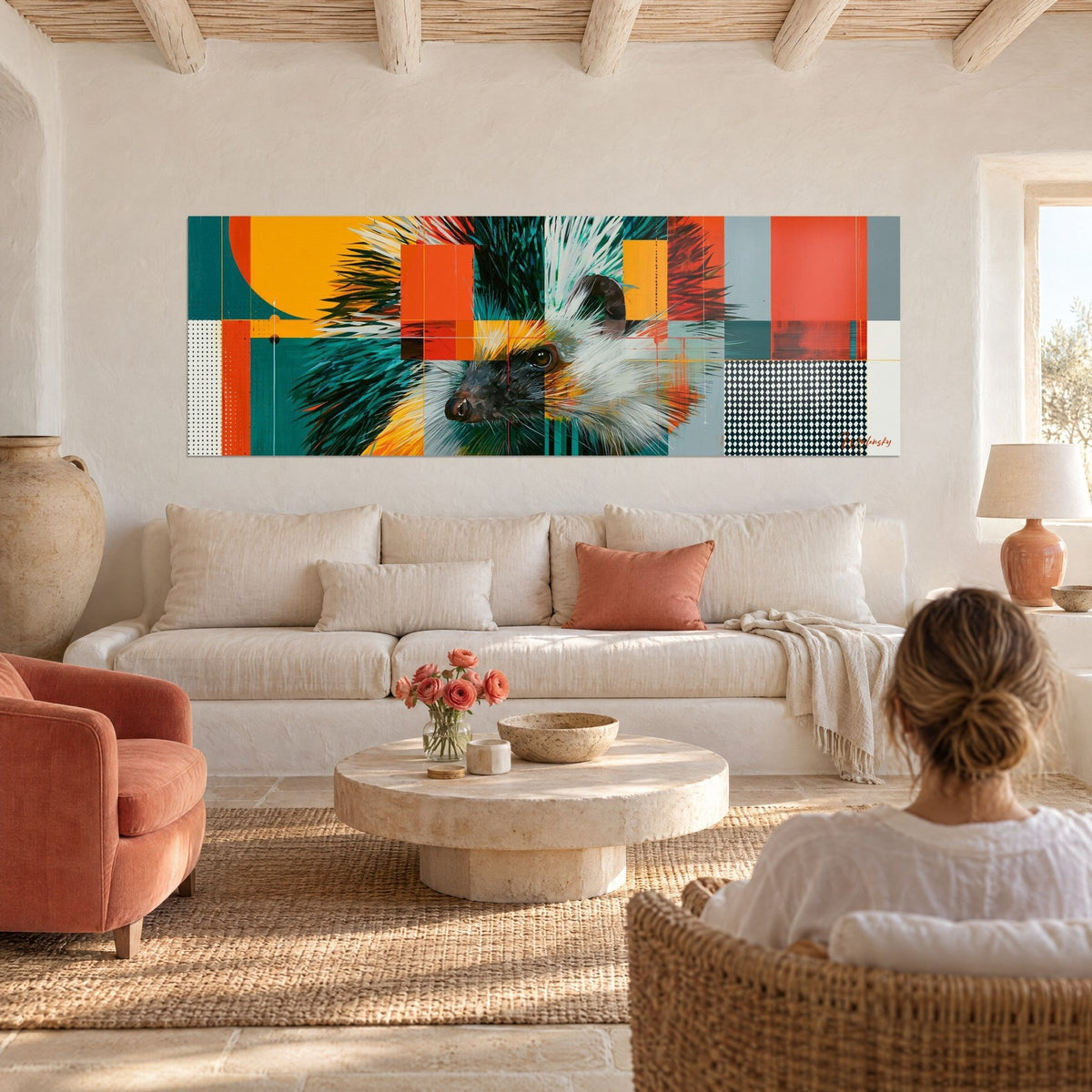 Quadro riccio dal muso nero e aculei verdi, sfondo arancione e giallo, donna di spalle, sopra un divano in un soggiorno luminoso