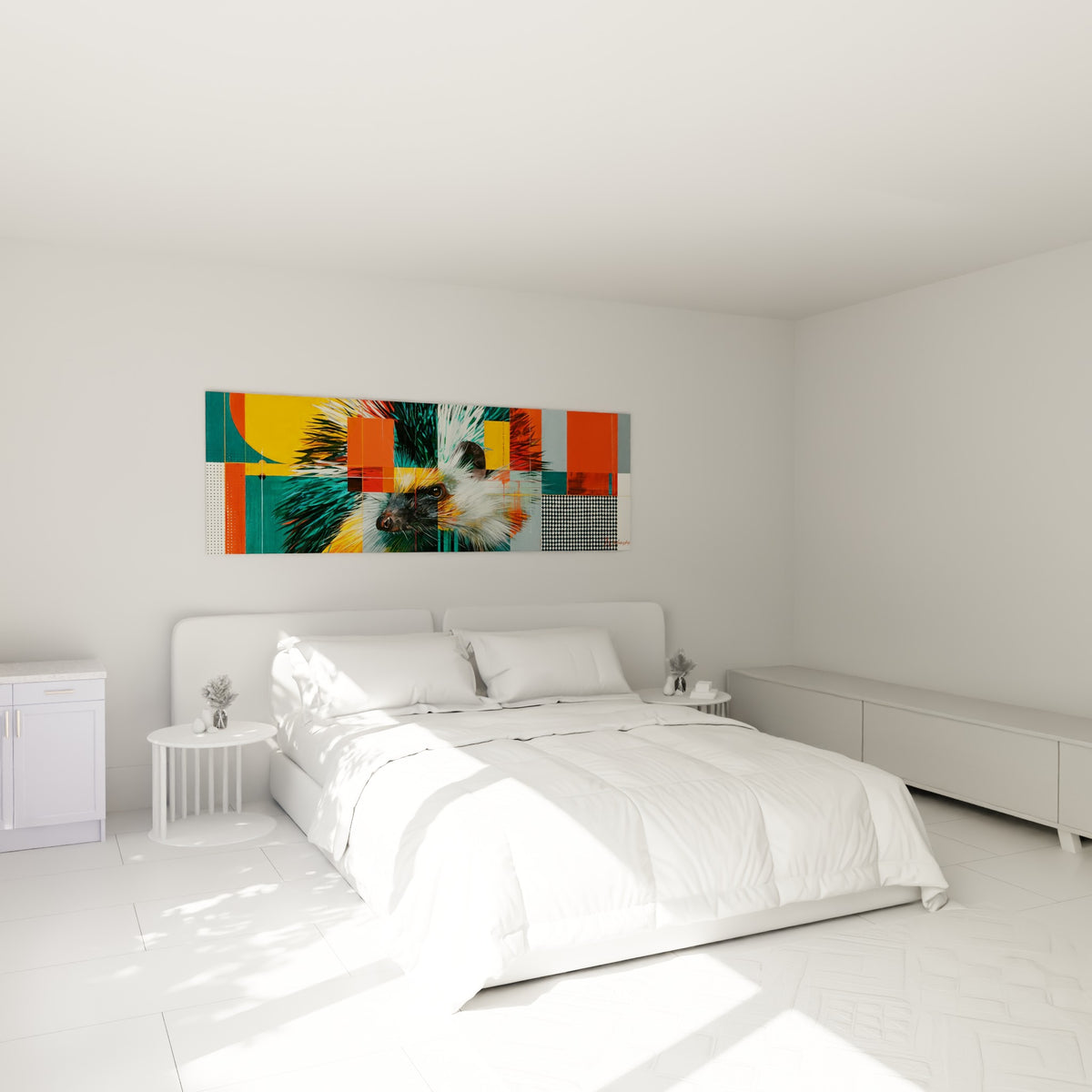 Museau noir de hérisson entouré de blocs orange et turquoise, au-dessus d'un lit dans une chambre claire