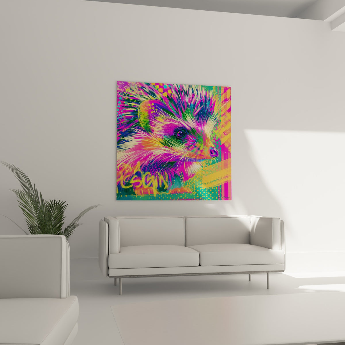 Regard sombre et piquants turquoise du hérisson coloré au-dessus d'un canapé dans un salon lumineux