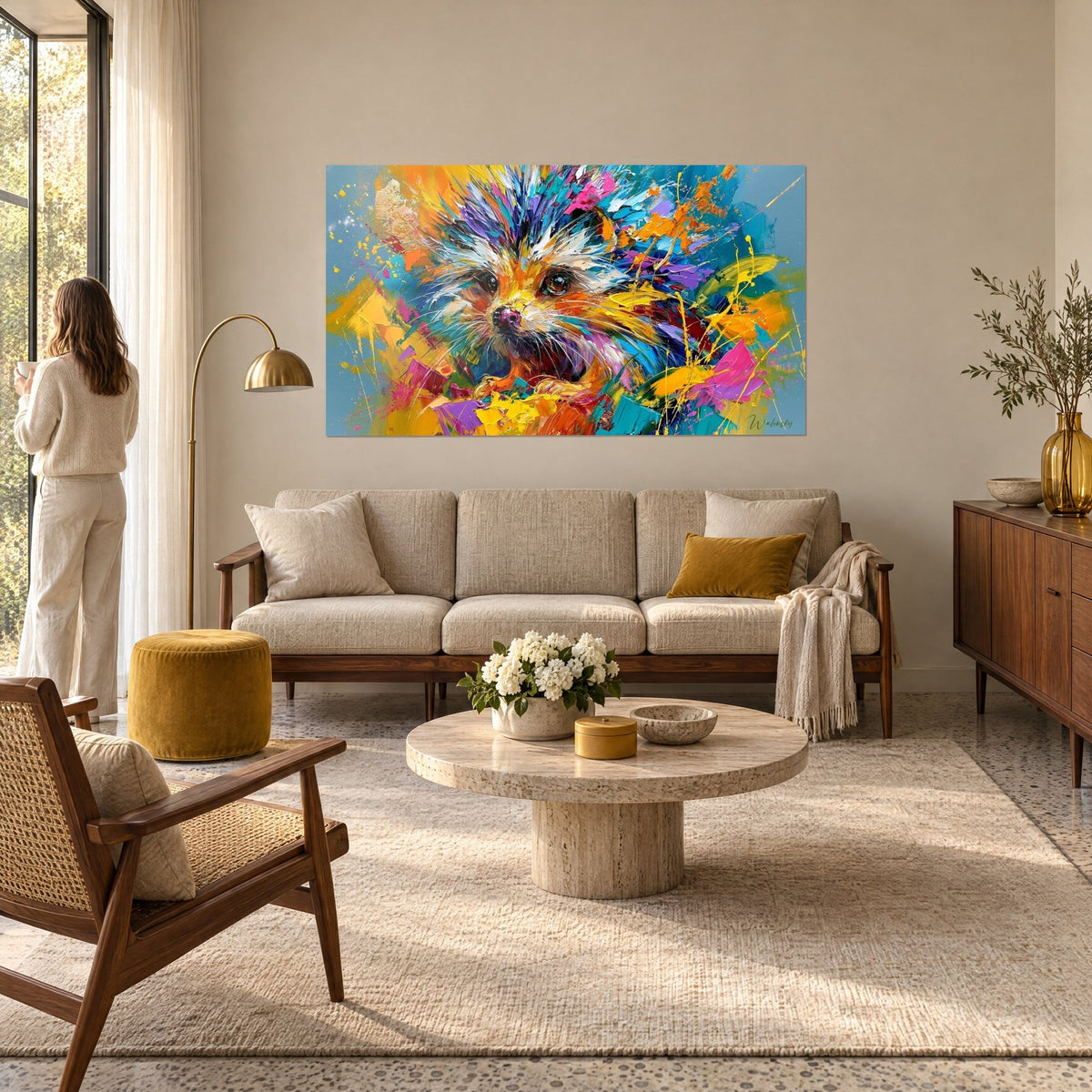 Schilderij egel met paarse en turquoise stekels, roze snuit, dikke gele verfstreken, boven een bank in een lichte woonkamer