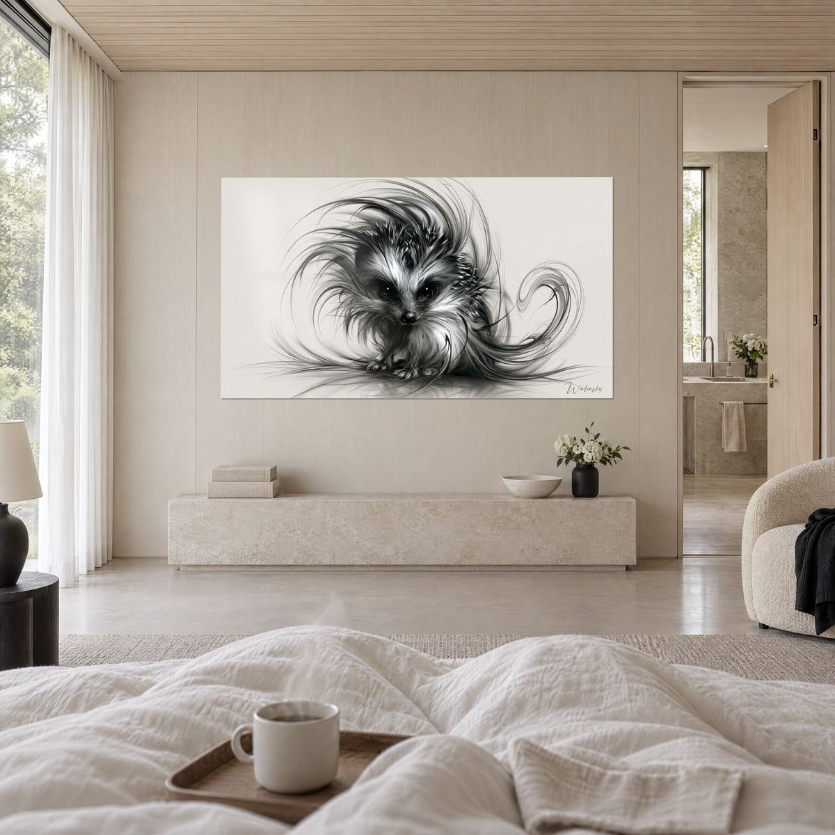 Wall art prickly animal with a black snout, silvery-grey bristles in swirls on an ivory background, above a bed in a bright bedroom