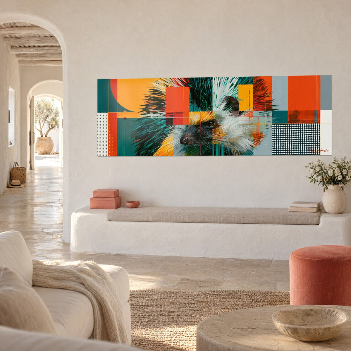 Quadro animale spinoso dal pelo bianco, quadrati arancio e verde petrolio, vista di tre quarti, panca bianca e pouf, casa mediterranea