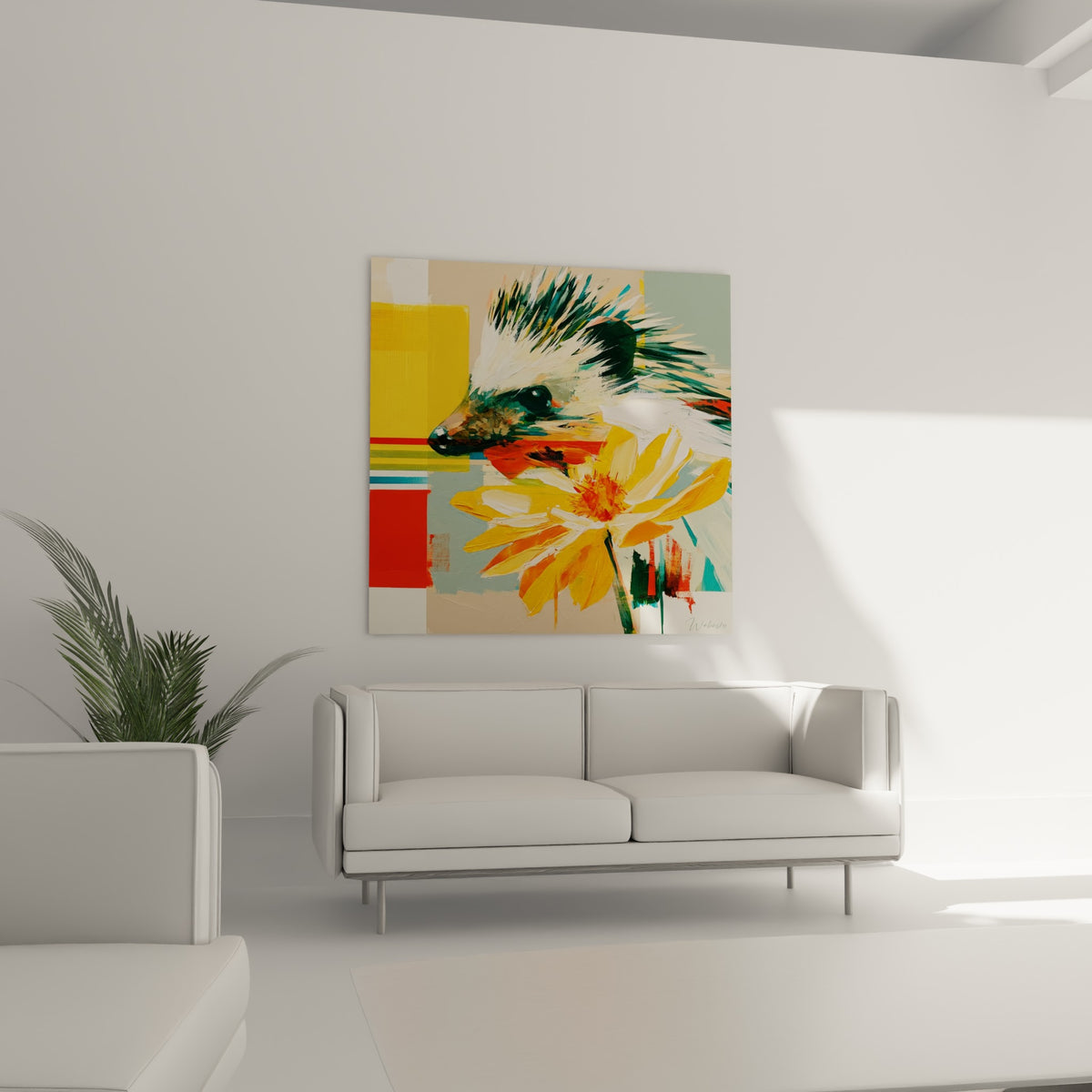 Piquants texturés blancs et turquoise du hérisson près d'une fleur orange vif au-dessus d'un canapé dans un salon lumineux