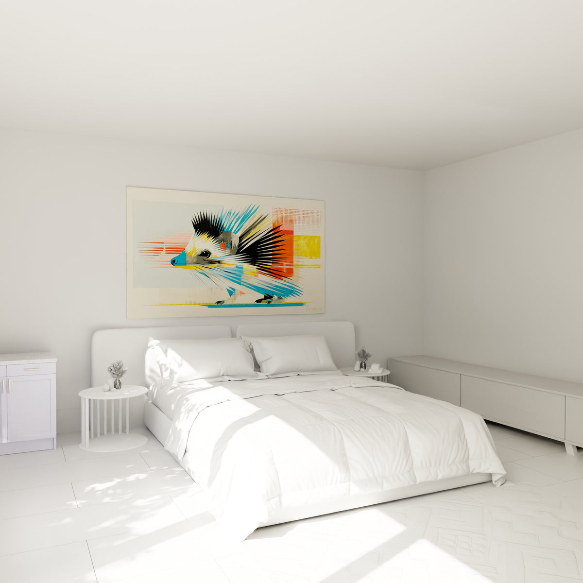 Piquants bleu ciel et corail vif du hérisson stylisé, accroché au-dessus d'un lit dans une chambre claire