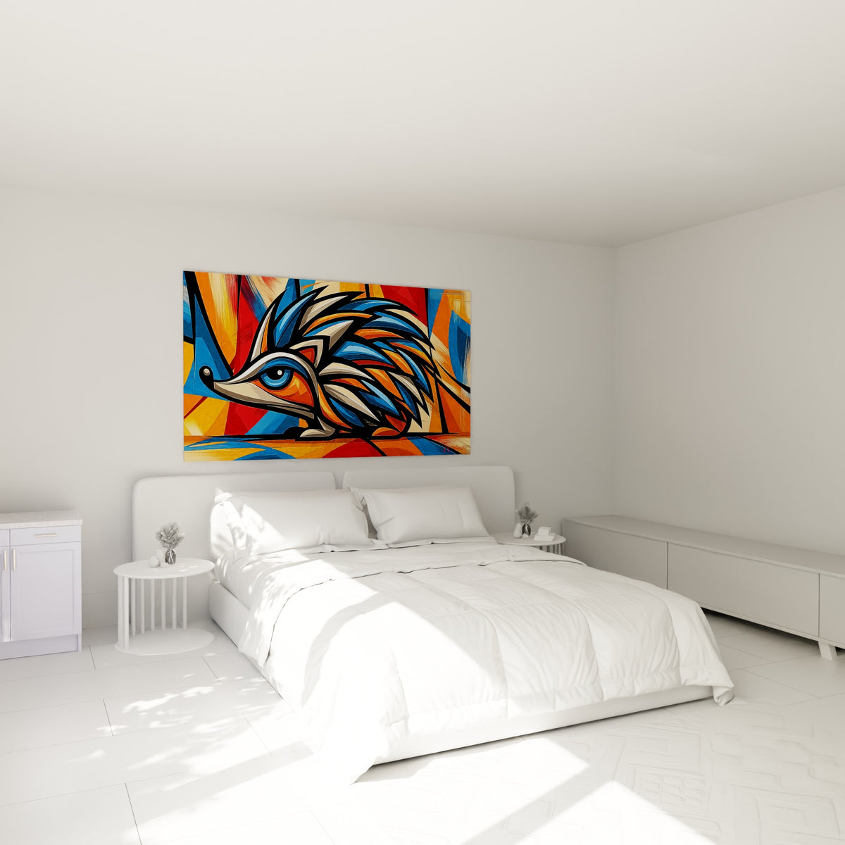 Hérisson stylisé aux tons orange et bleu profond, accroché au-dessus d'un lit dans une chambre claire