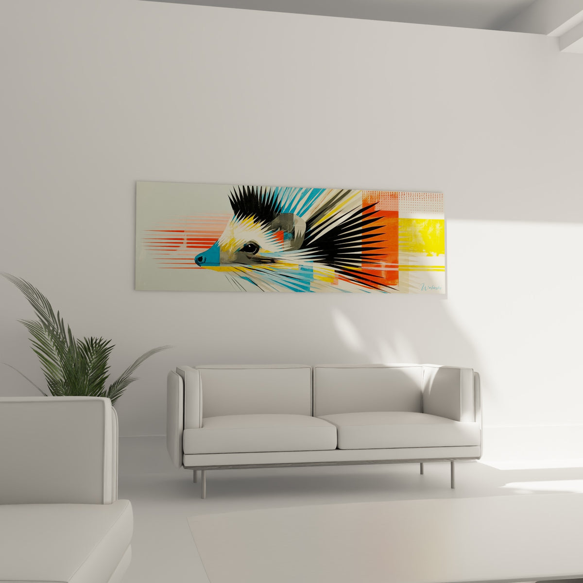 Museau de hérisson bleu et piquants orange vif disposés en lames géométriques, au-dessus d'un canapé dans un salon lumineux