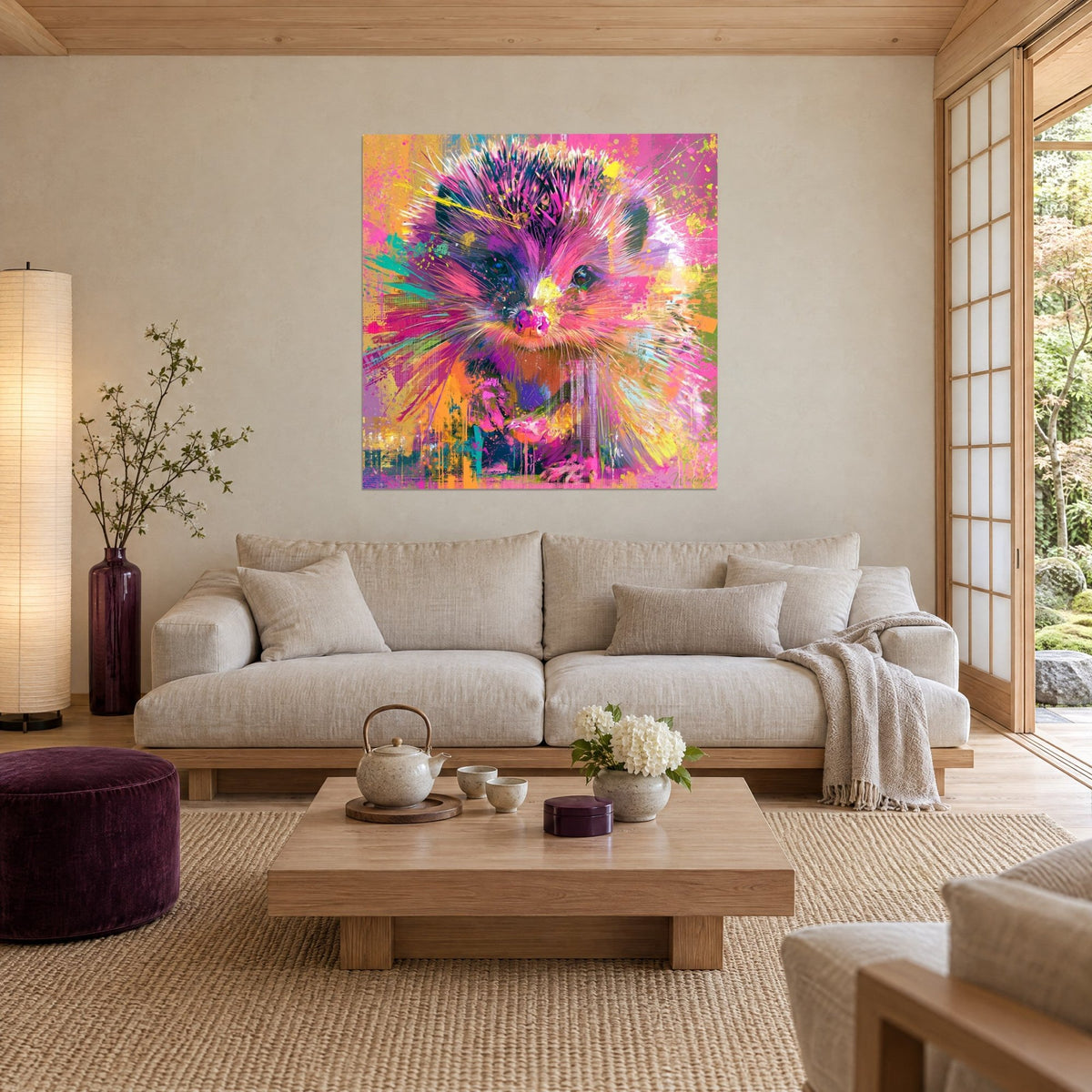 Gemälde Igel mit rosa und violetten Stacheln, fuchsiafarbene Schnauze, gelbe Spritzer, über einem Sofa in einem hellen Wohnzimmer