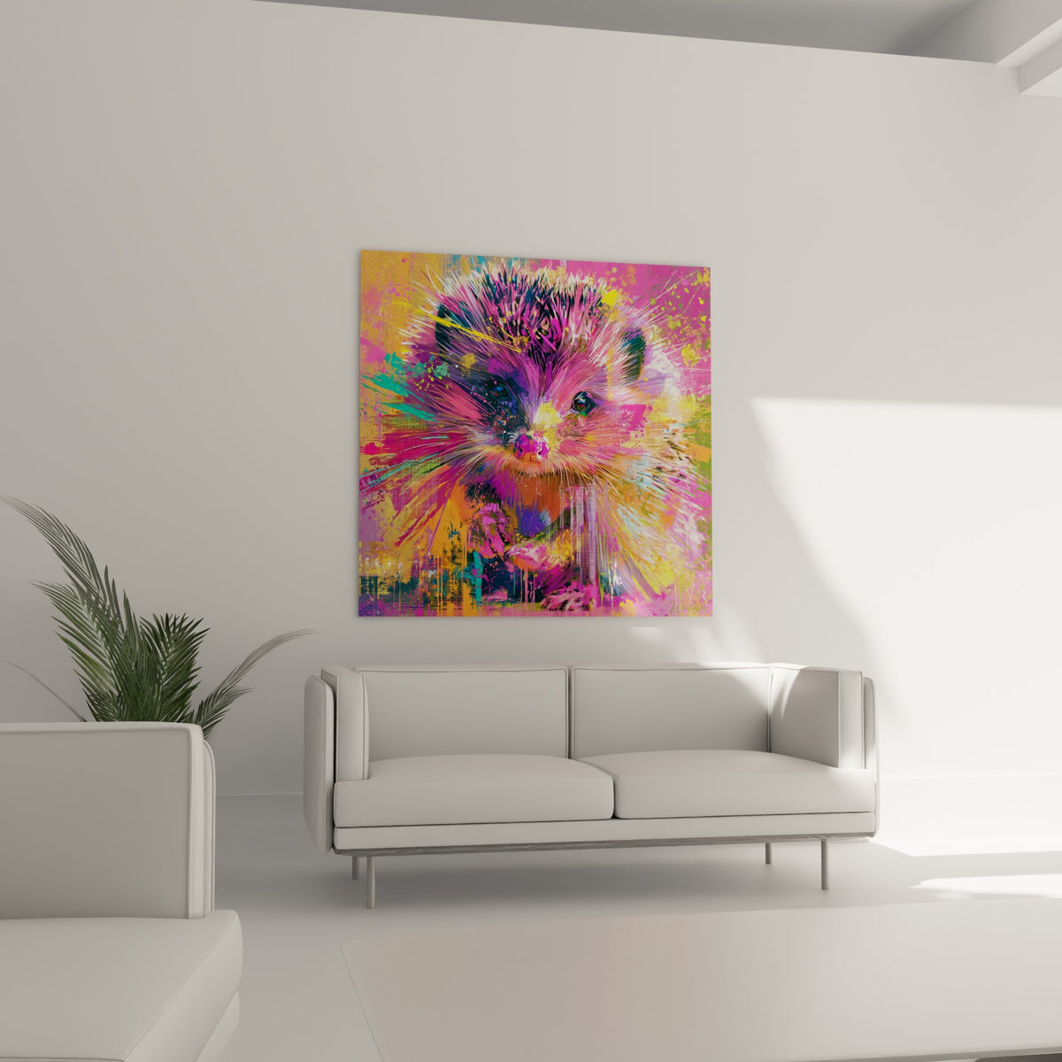 Regard sombre du hérisson entouré de touches jaunes et turquoise au-dessus d'un canapé dans un salon lumineux