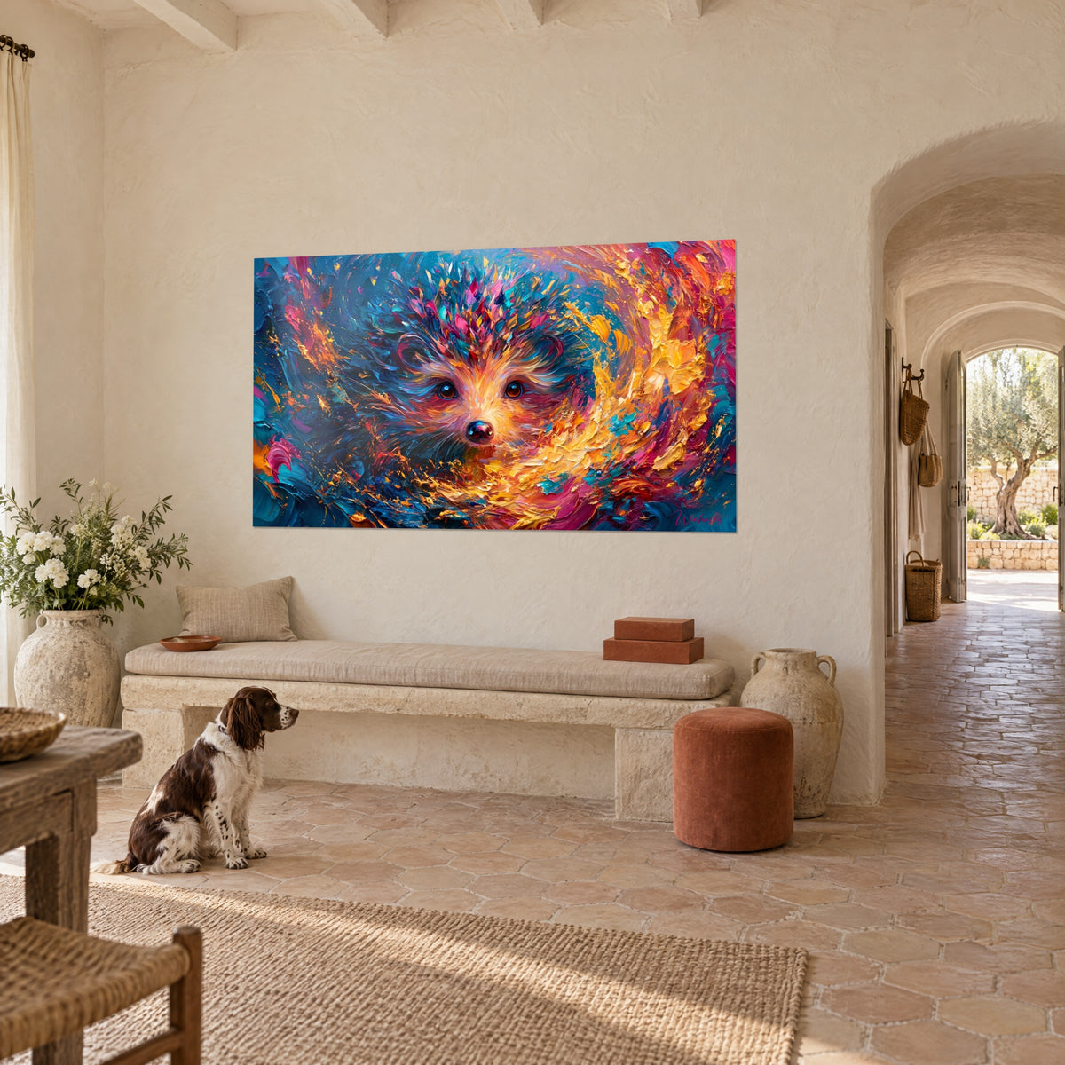 Tableau portrait d'un petit animal aux épines magenta et bleues sur tourbillon orangé, spaniel assis devant un banc de pierre