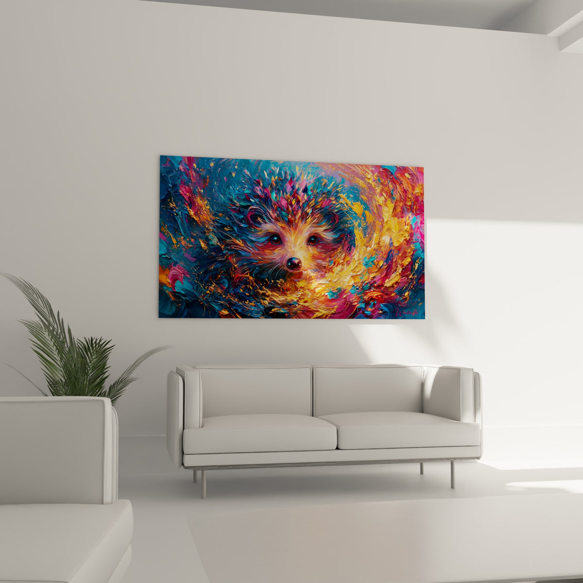 Yeux bruns perçants du hérisson entouré de tourbillons magenta et turquoise, au-dessus d'un canapé dans un salon lumineux