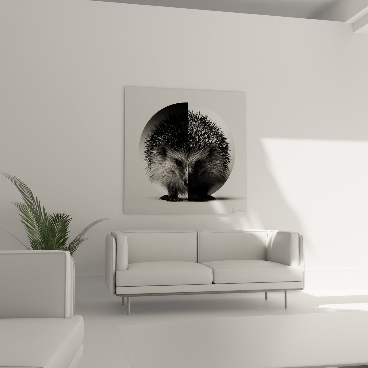 Regard sombre d'un hérisson noir et blanc en composition circulaire, au-dessus d'un canapé dans un salon lumineux