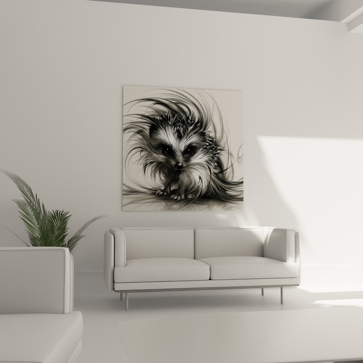 Regard intense d'un hérisson graphique noir, blanc et gris, au-dessus d'un canapé dans un salon lumineux