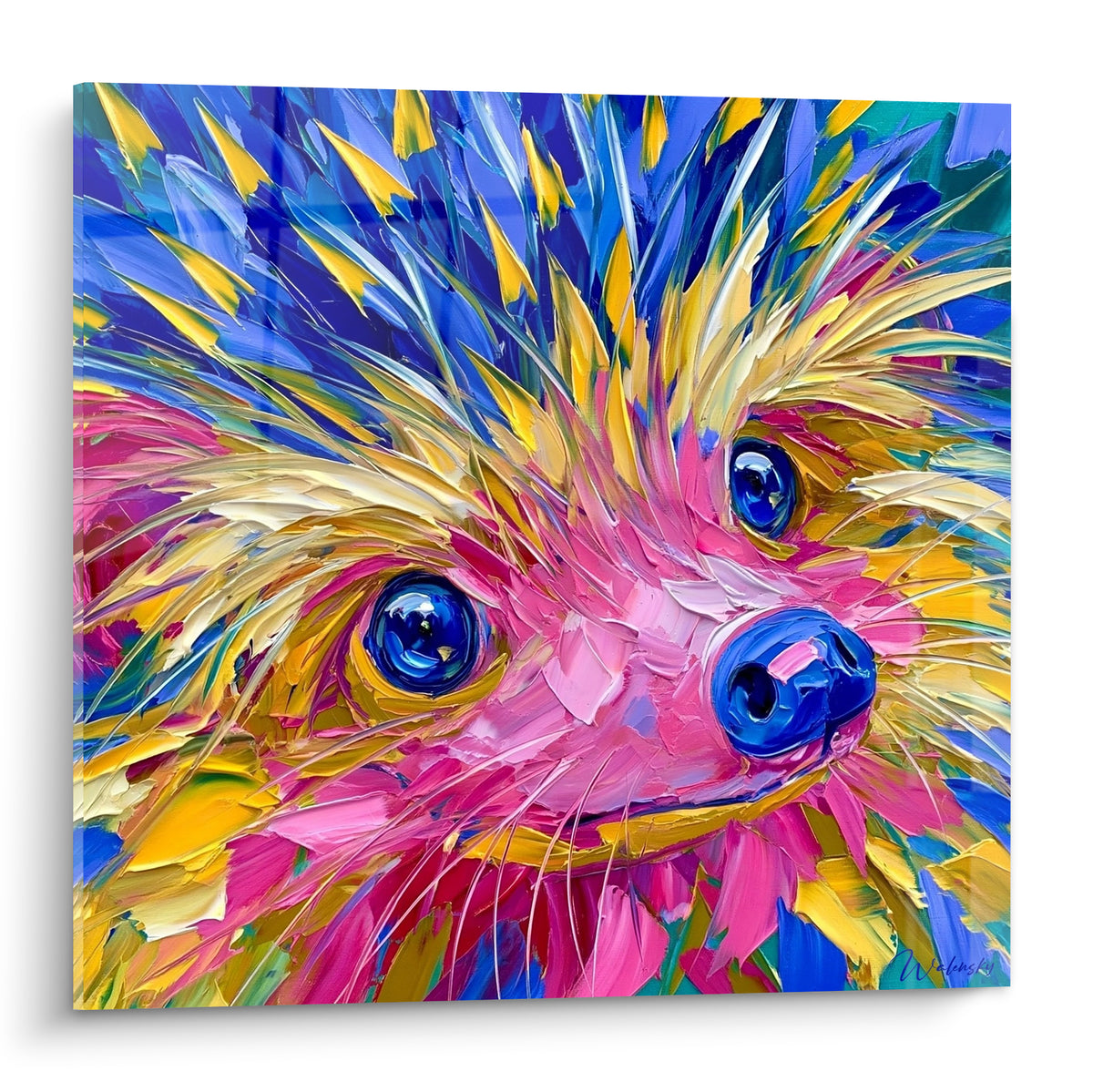 Hérisson rose et bleu au regard vif, piquants jaunes hérissés, peinture au couteau expressive