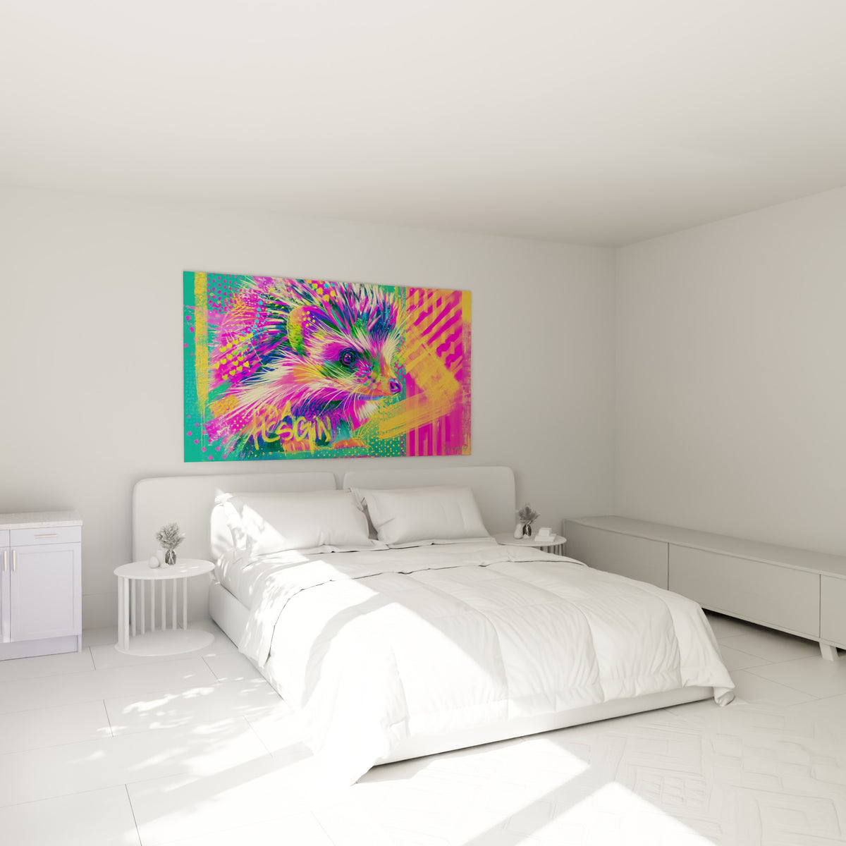 Piquants roses et verts d'un hérisson pop art, accrochés au-dessus d'un lit dans une chambre claire