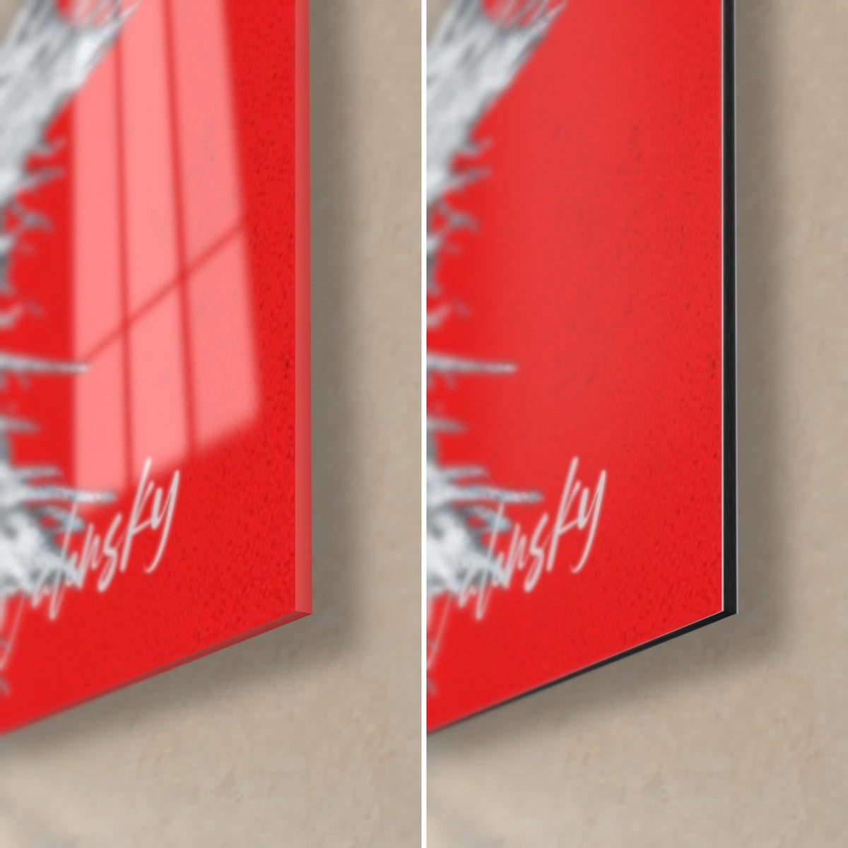 Quadro riccio dal pelo grigio e rosso, angolo in basso a destra, vetro acrilico lucido a sinistra, Dibond nero opaco a destra, spessore 3 mm
