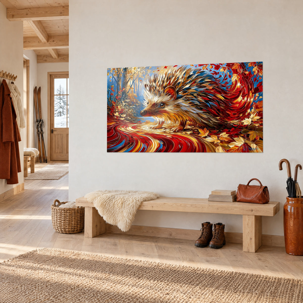 Animal hérisson entouré de feuilles automnales rouge et or, au-dessus d'un canapé dans un salon lumineux