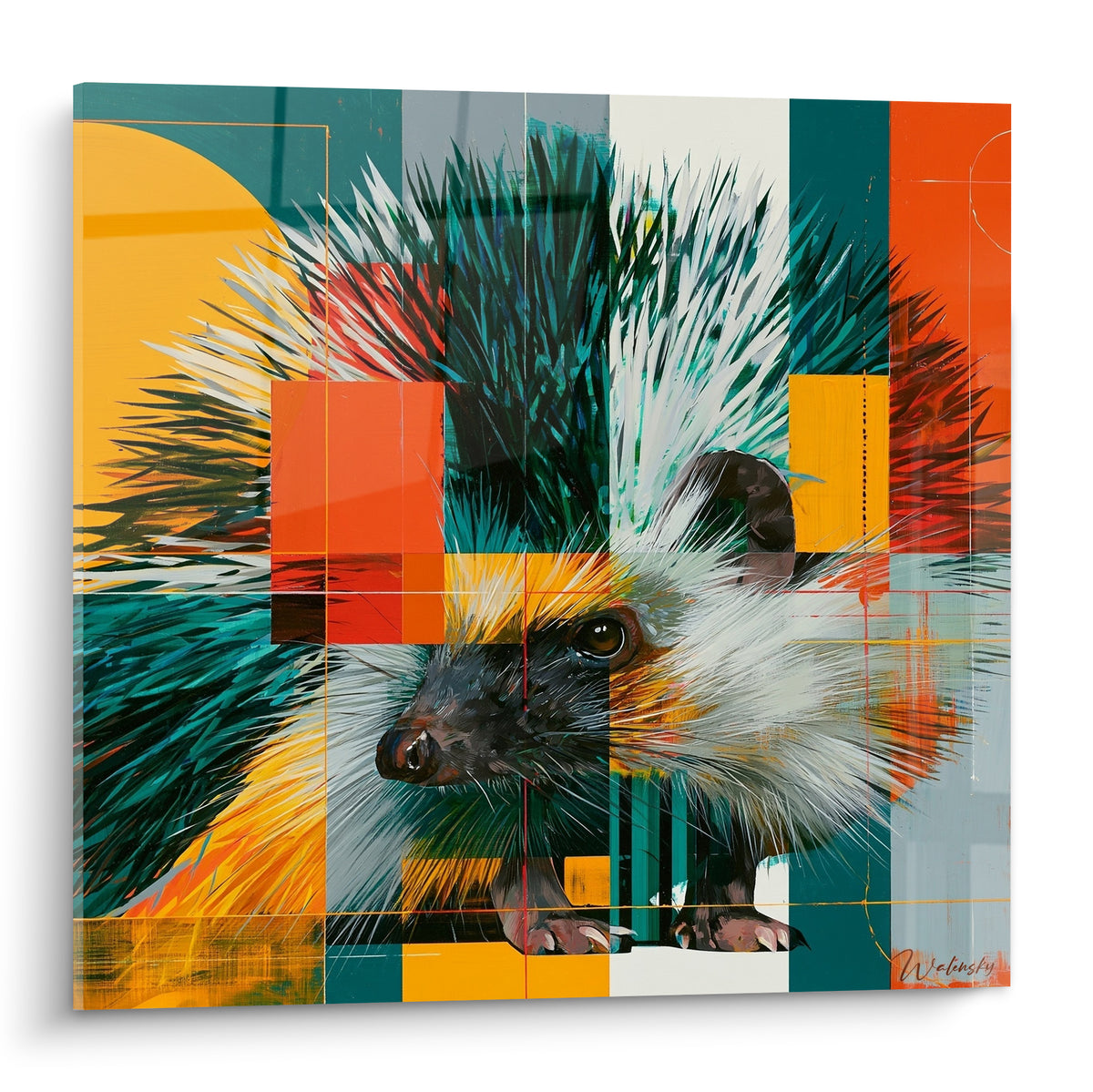 Hérisson au museau noir et piquants turquoise sur fond géométrique orange et jaune éclatant