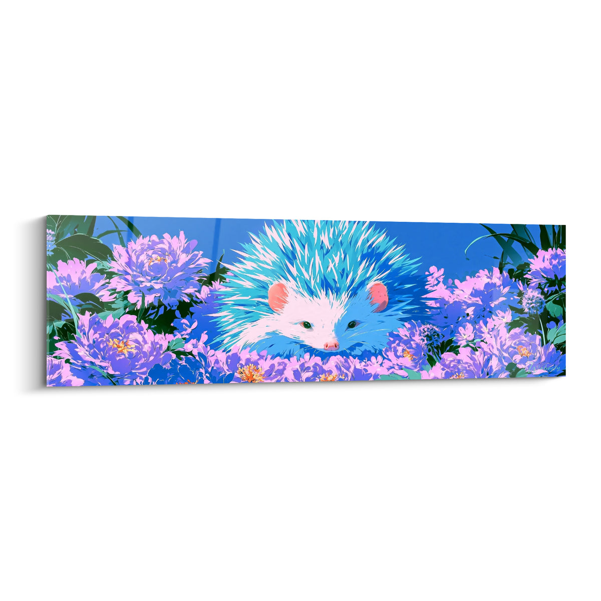 Hérisson aux piquants turquoise et bleu émergeant de pivoines violettes et mauves