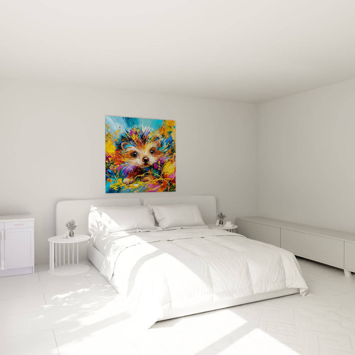 Petit hérisson coloré aux tons bleu turquoise et violet vif, accroché au-dessus d'un lit dans une chambre claire