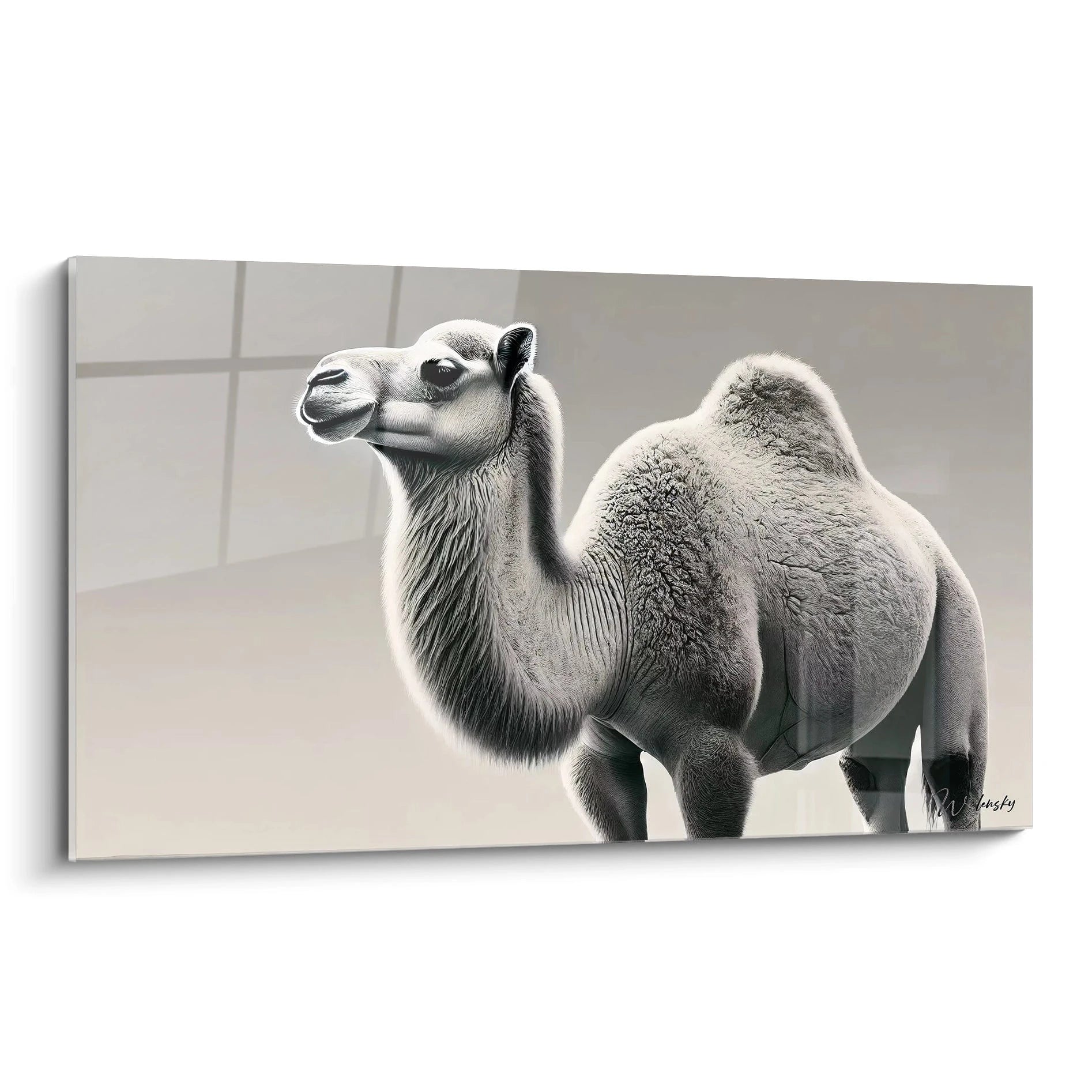 tableau dromadaire contemporain capturant la force tranquille de l animal avec une approche minimaliste Vue de biais l oeuvre met en avant les textures et l elegance sobre de ce majestueux habitant des deserts