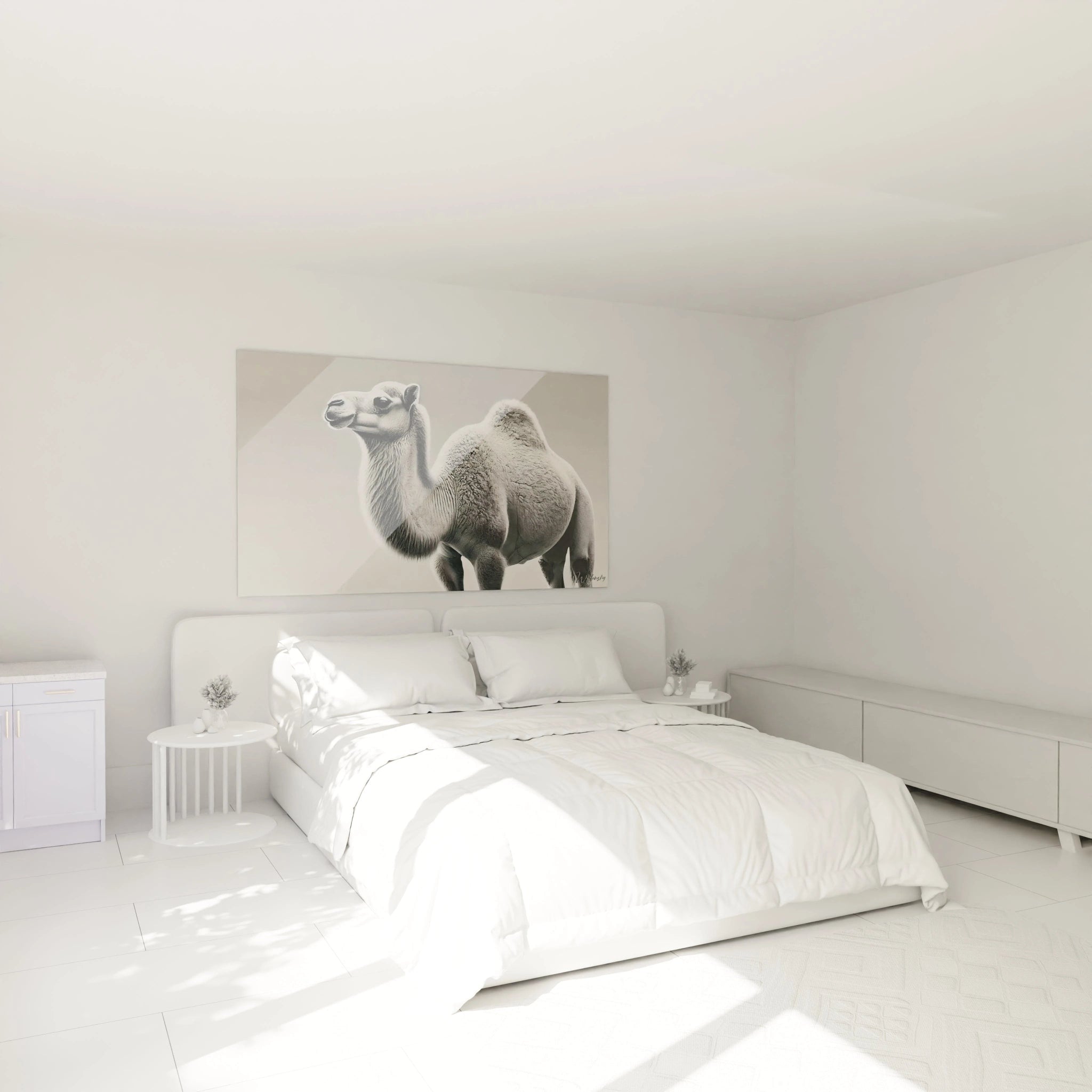 tableau dromadaire apportant une touche unique a votre chambre accroche au dessus du lit Il ajoute une presence rassurante et sereine grace a sa composition epuree et ses couleurs neutres