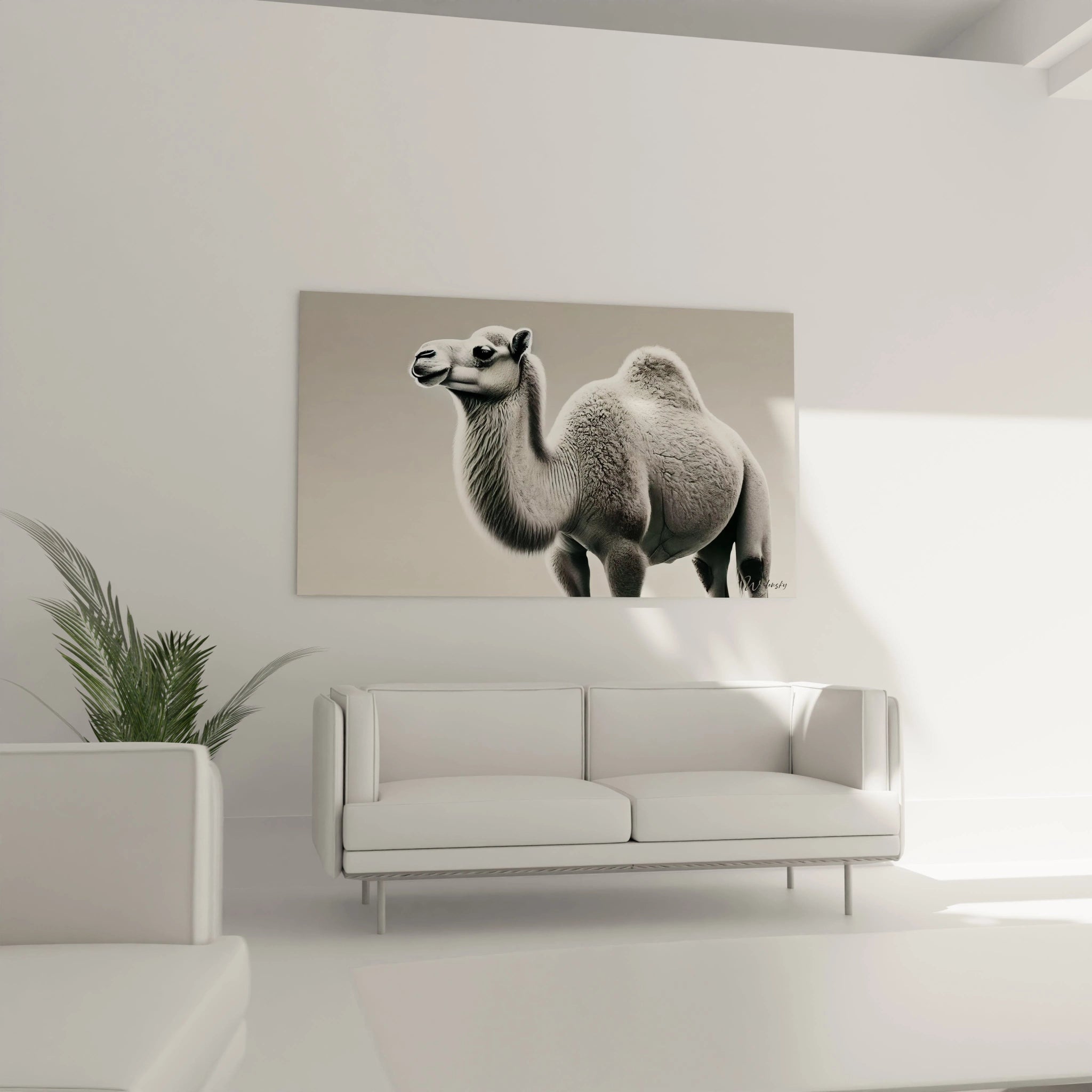 tableau dromadaire sublime dans un salon moderne installe au dessus du canape Il attire l attention avec sa representation minimaliste tout en apportant une atmosphere de force et d equilibre