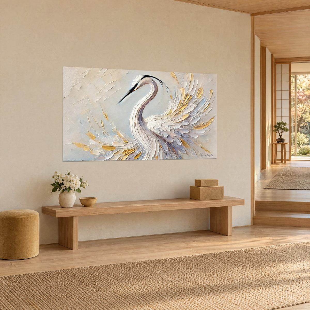 Wall art immaculate wading bird with a slender black beak, wings made of ivory and gold palette-knife strokes, on the beige wall of a Japandi hallway